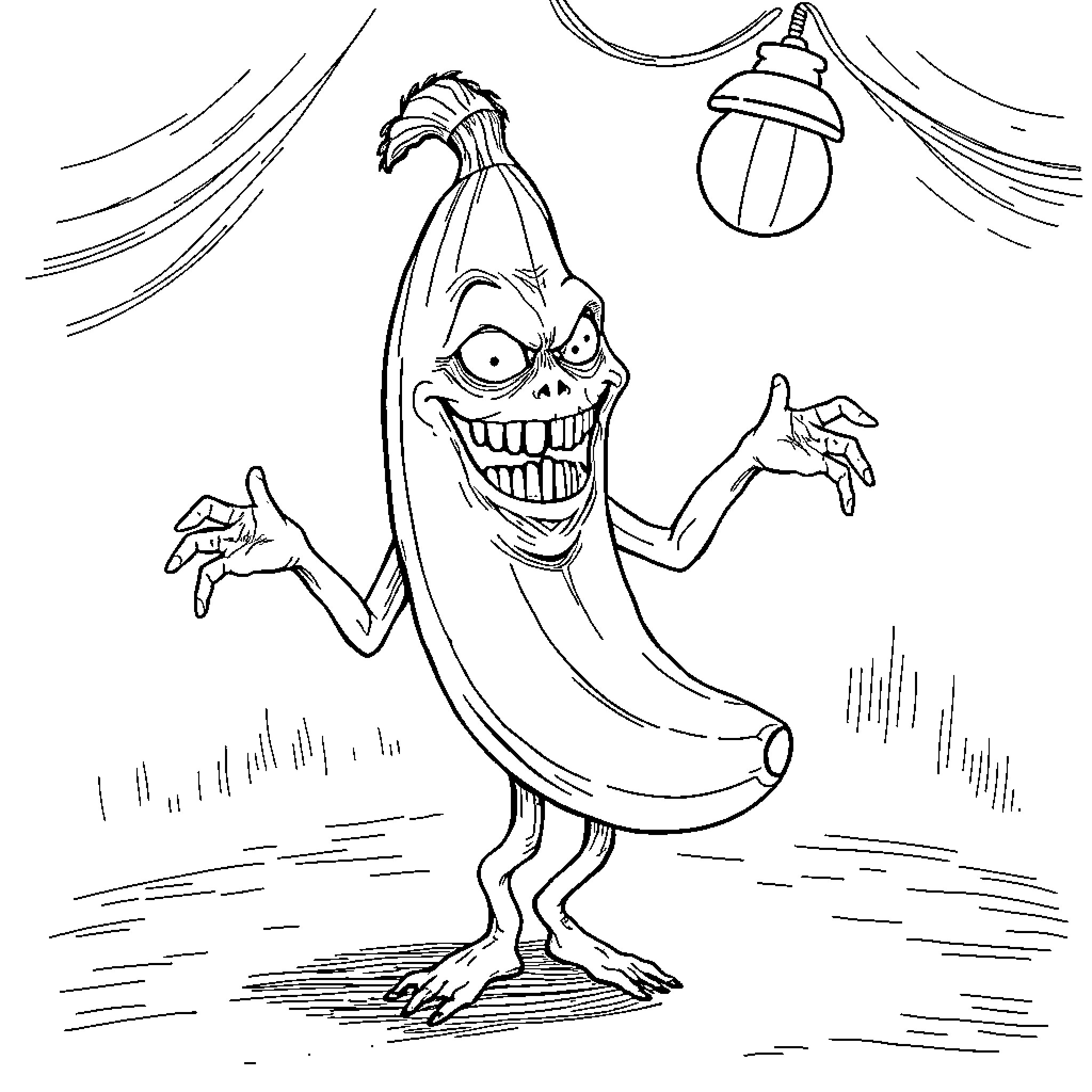Banana creature's mischievous antics under the lights Coloring Page (free black-and-white line drawing printable PDF for all, from beginners to advanced learners, including children, teens, adults, and seniors)
