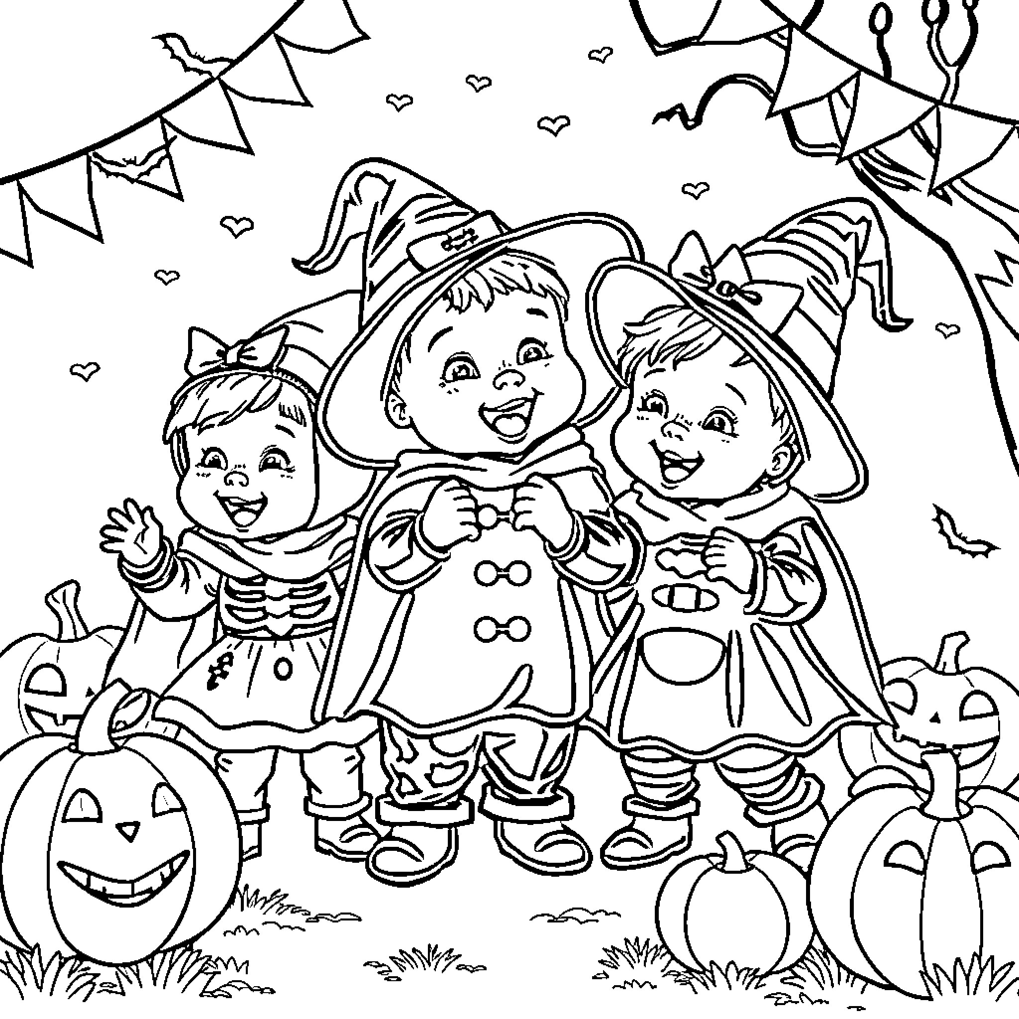Baby witches celebrating Halloween with pumpkins Coloring Page (free black-and-white line drawing printable PDF for all, from beginners to advanced learners, including children, teens, adults, and seniors)