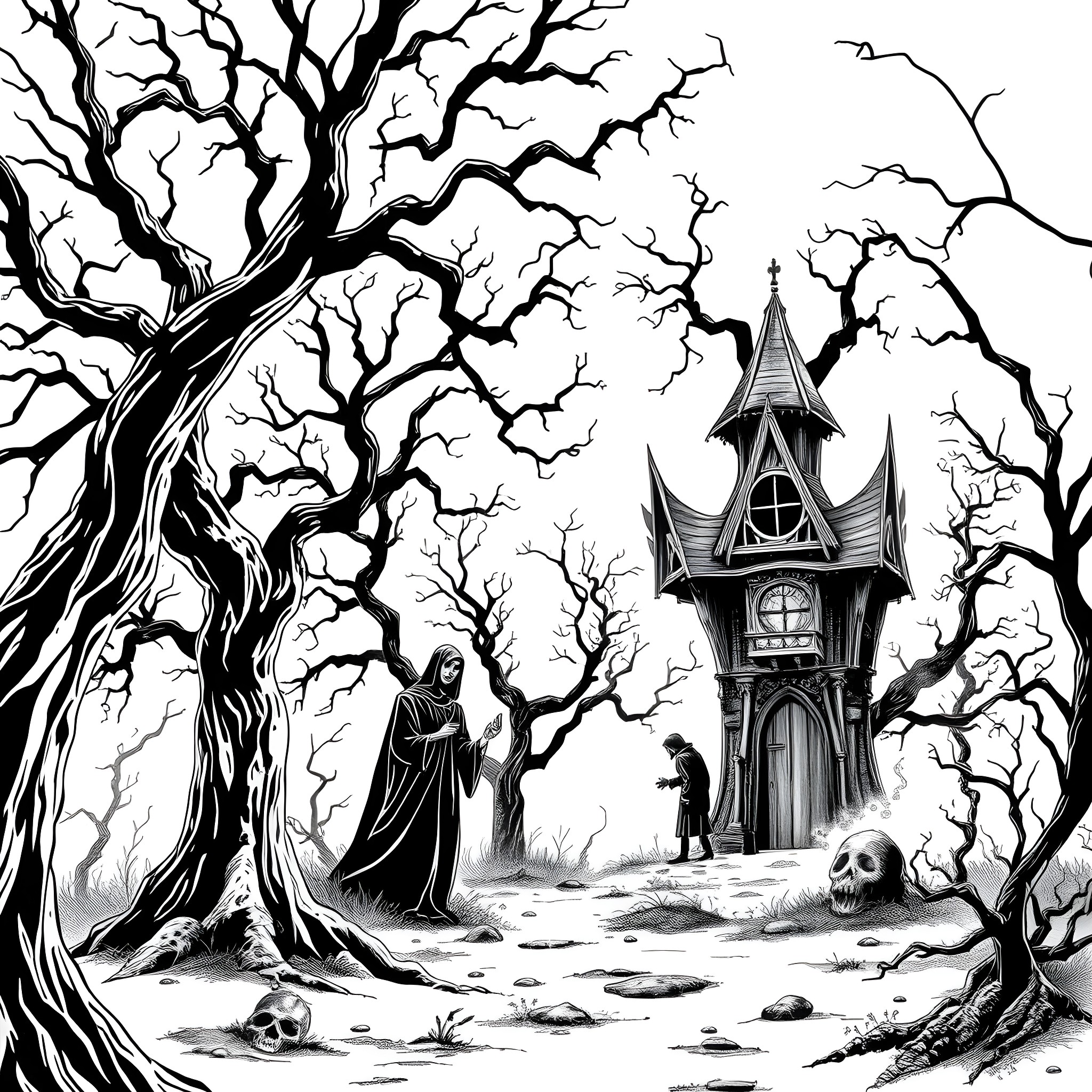 Horrid Dark Mansion Shrouded in Ominous Tree Branches Coloring Page (free black-and-white line drawing printable PDF for all, from beginners to advanced learners, including children, teens, adults, and seniors)