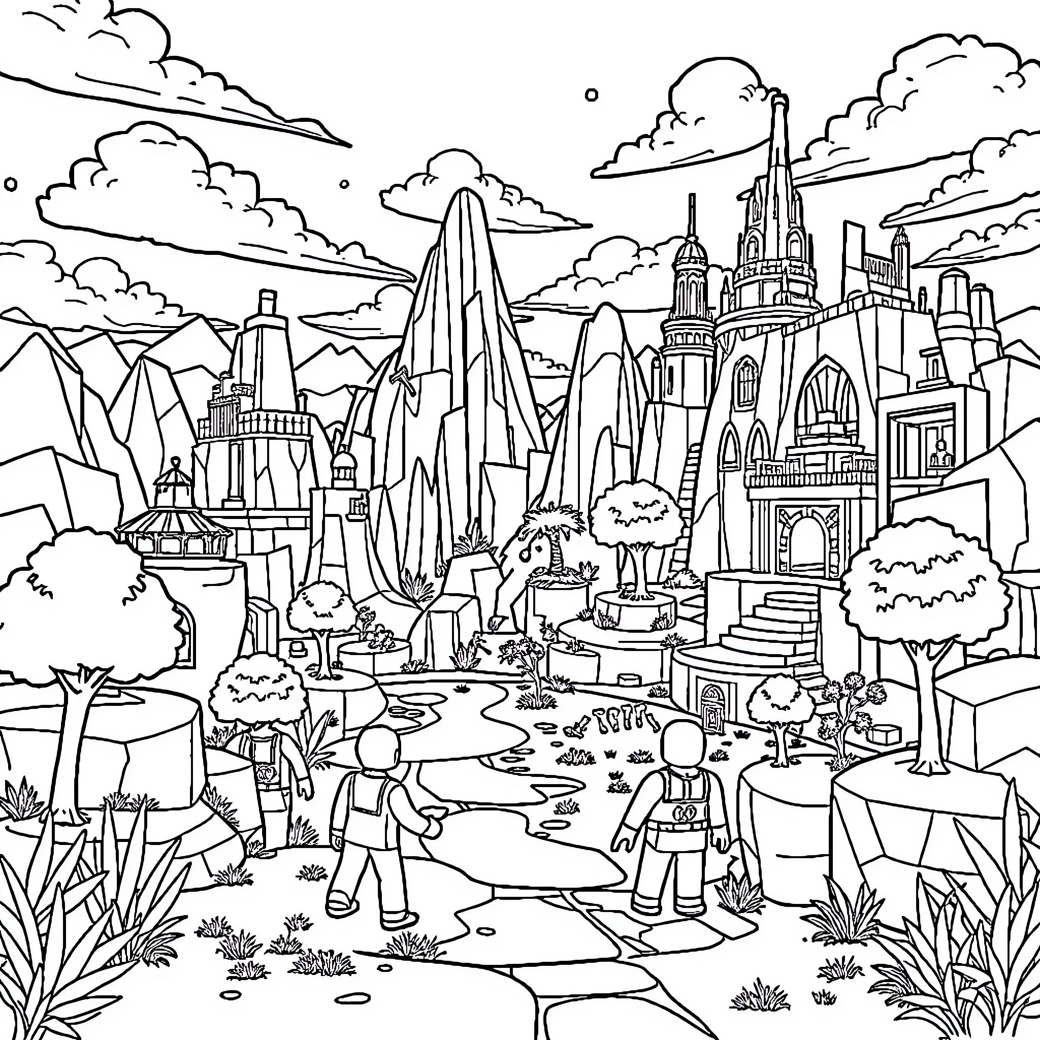 Roblox fantasy world with diverse characters and structures Coloring Page (free black-and-white line drawing printable PDF for all, from beginners to advanced learners, including children, teens, adults, and seniors)