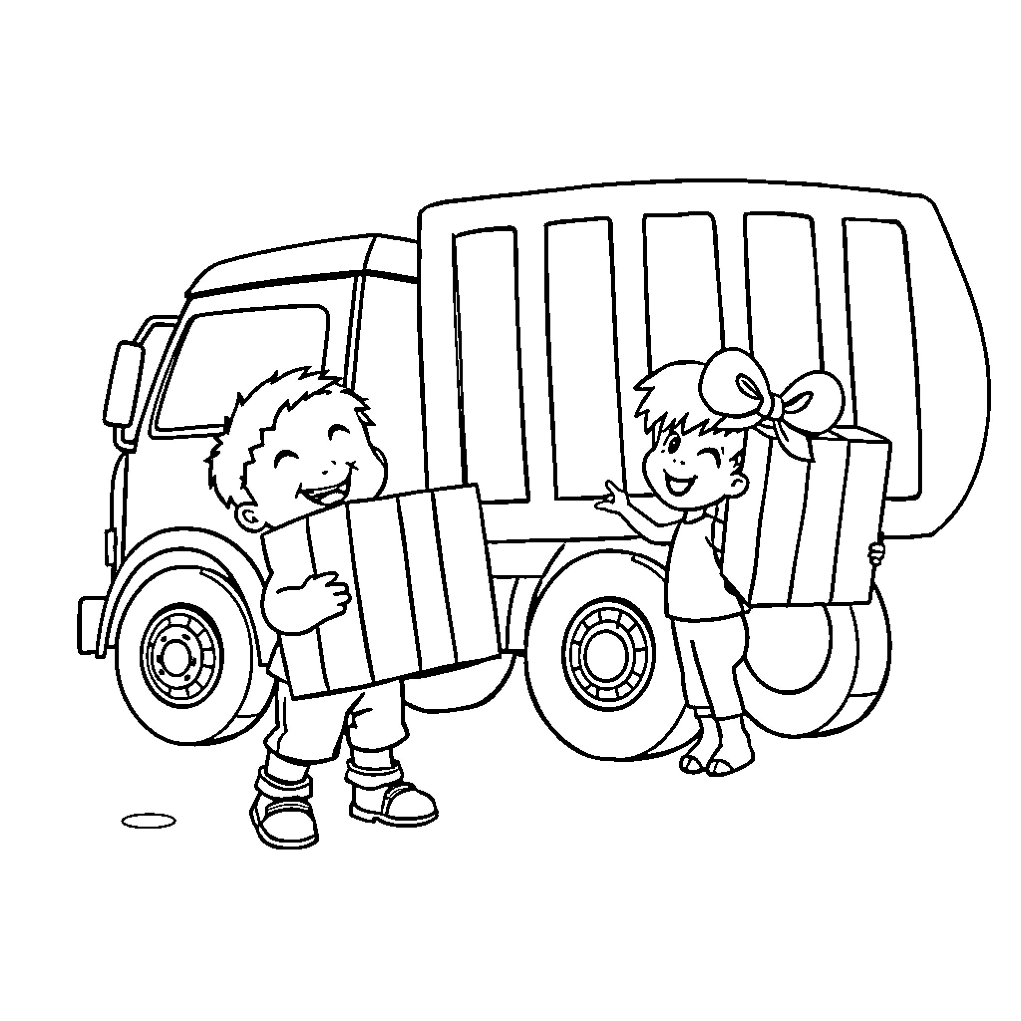 Trash Truck with Children Playing Coloring Page (free black-and-white line drawing printable PDF for all, from beginners to advanced learners, including children, teens, adults, and seniors)
