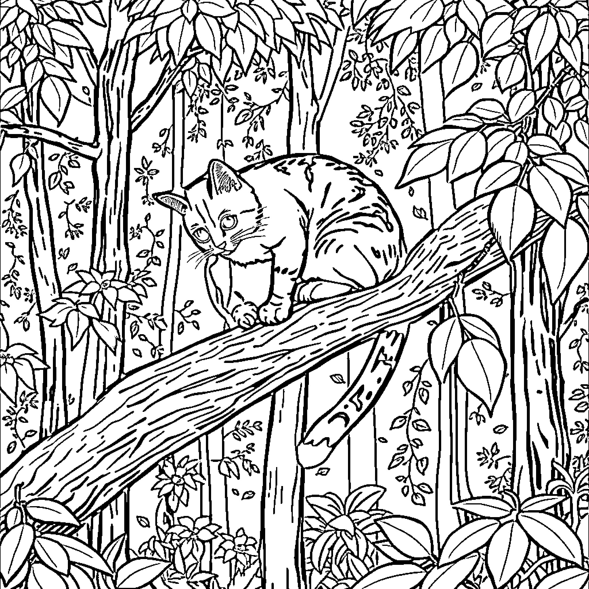 Chat with a Curious Feline in the Lush Woodland Coloring Page (free black-and-white line drawing printable PDF for all, from beginners to advanced learners, including children, teens, adults, and seniors)