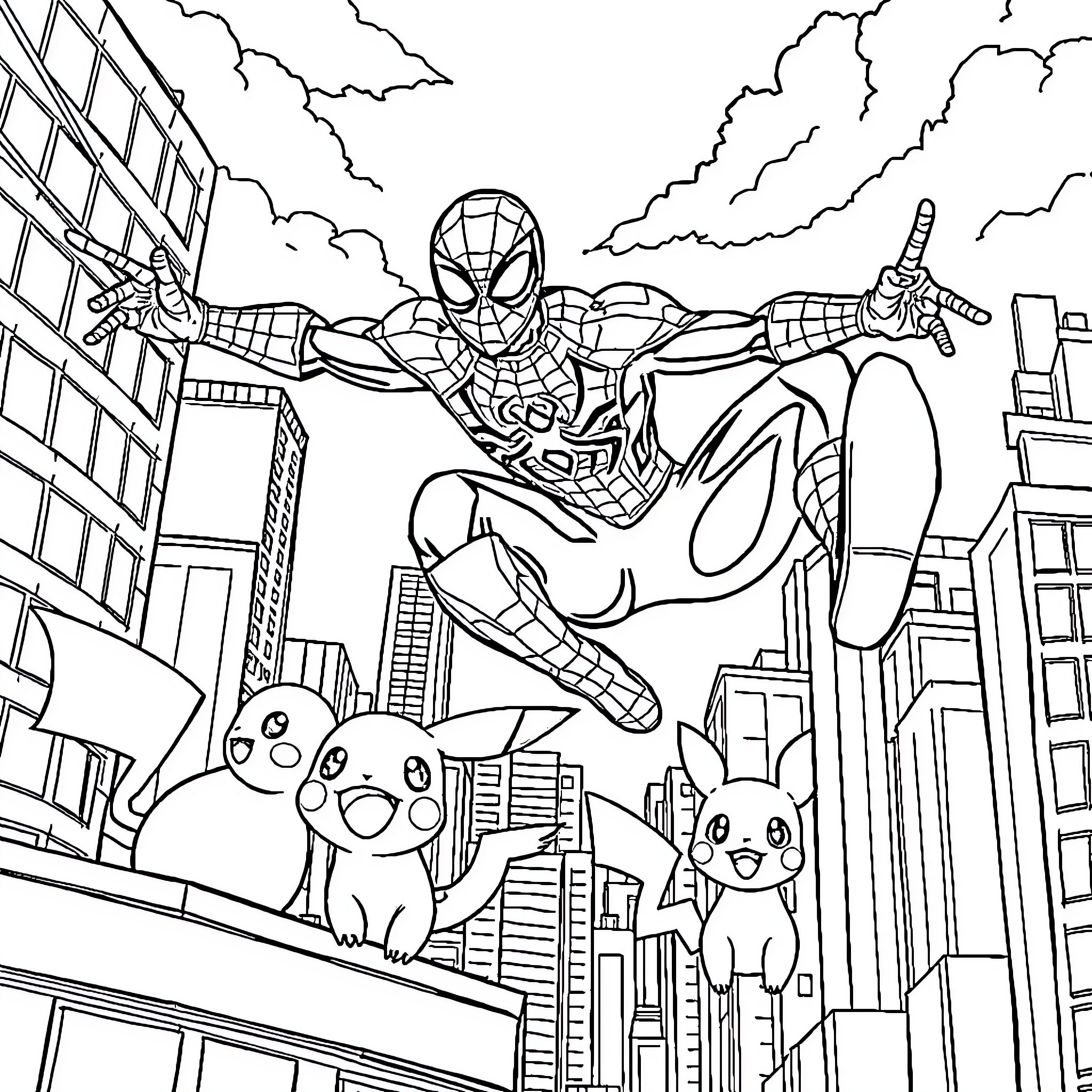 Spiderman swinging through the city with Pikachu companions Coloring Page (free black-and-white line drawing printable PDF for all, from beginners to advanced learners, including children, teens, adults, and seniors)