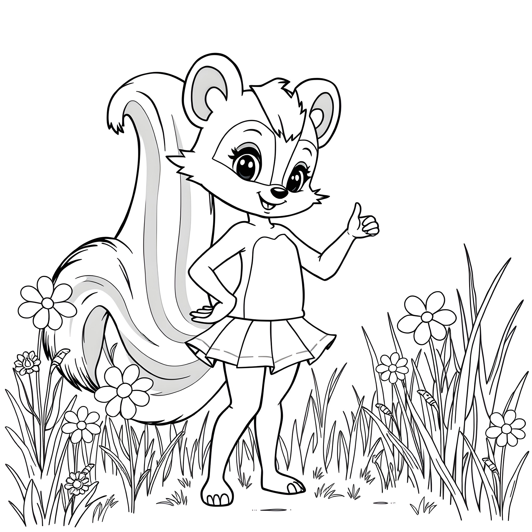 Skunk Girl having fun in the meadow Coloring Page (free black-and-white line drawing printable PDF for all, from beginners to advanced learners, including children, teens, adults, and seniors)