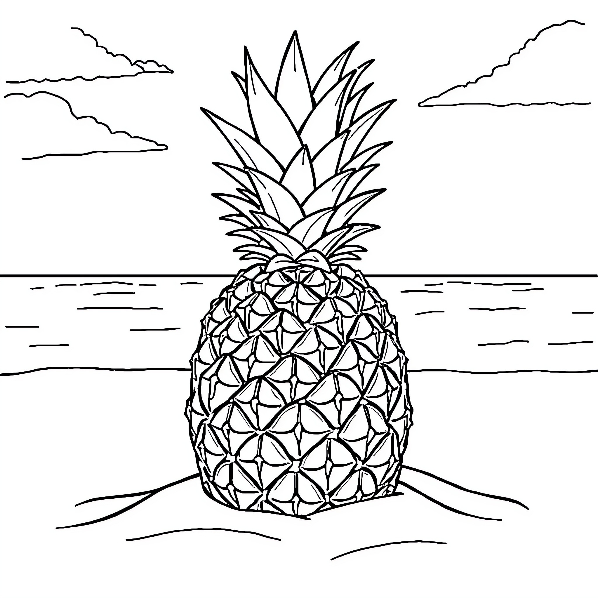 Pineapple on the beach with clouds Coloring Page (free black-and-white line drawing printable PDF for all, from beginners to advanced learners, including children, teens, adults, and seniors)