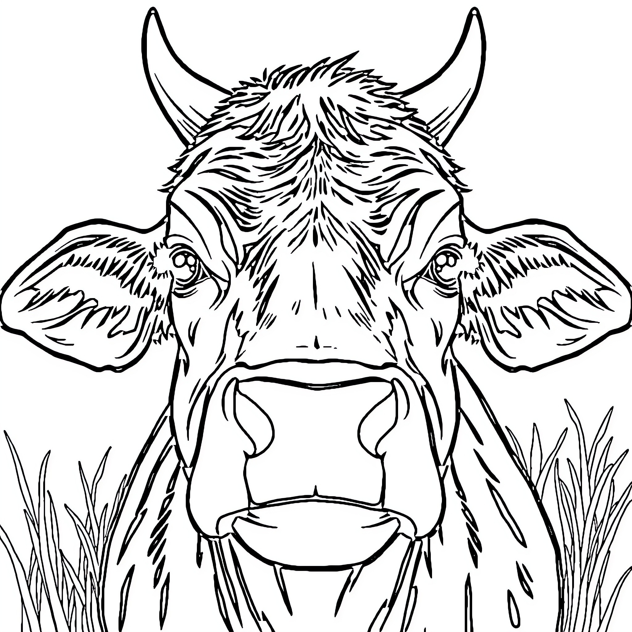 Cow looking curiously through grass Coloring Page (free black-and-white line drawing printable PDF for all, from beginners to advanced learners, including children, teens, adults, and seniors)