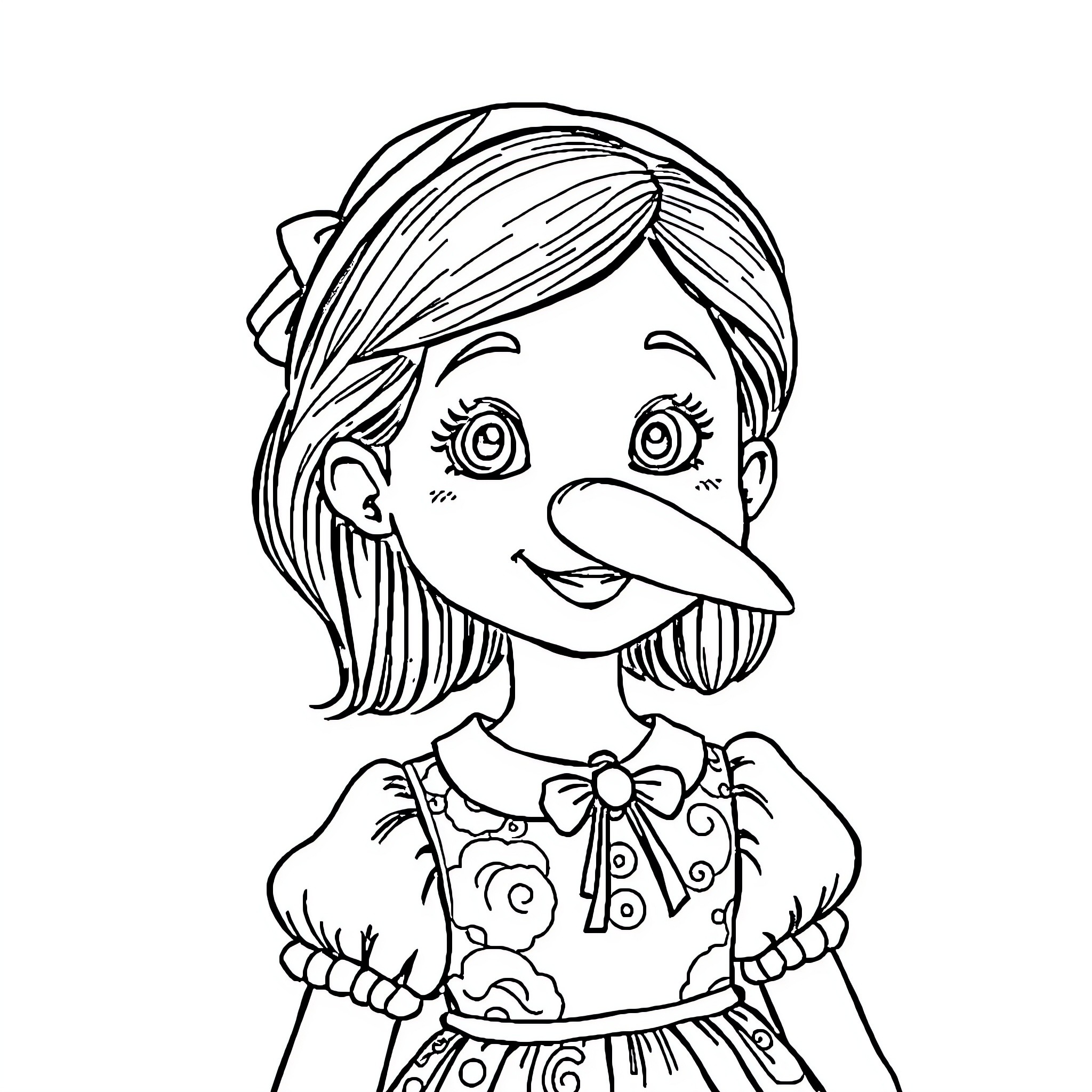 Girl in Whimsical Floral Dress Coloring Page (free black-and-white line drawing printable PDF for all, from beginners to advanced learners, including children, teens, adults, and seniors)