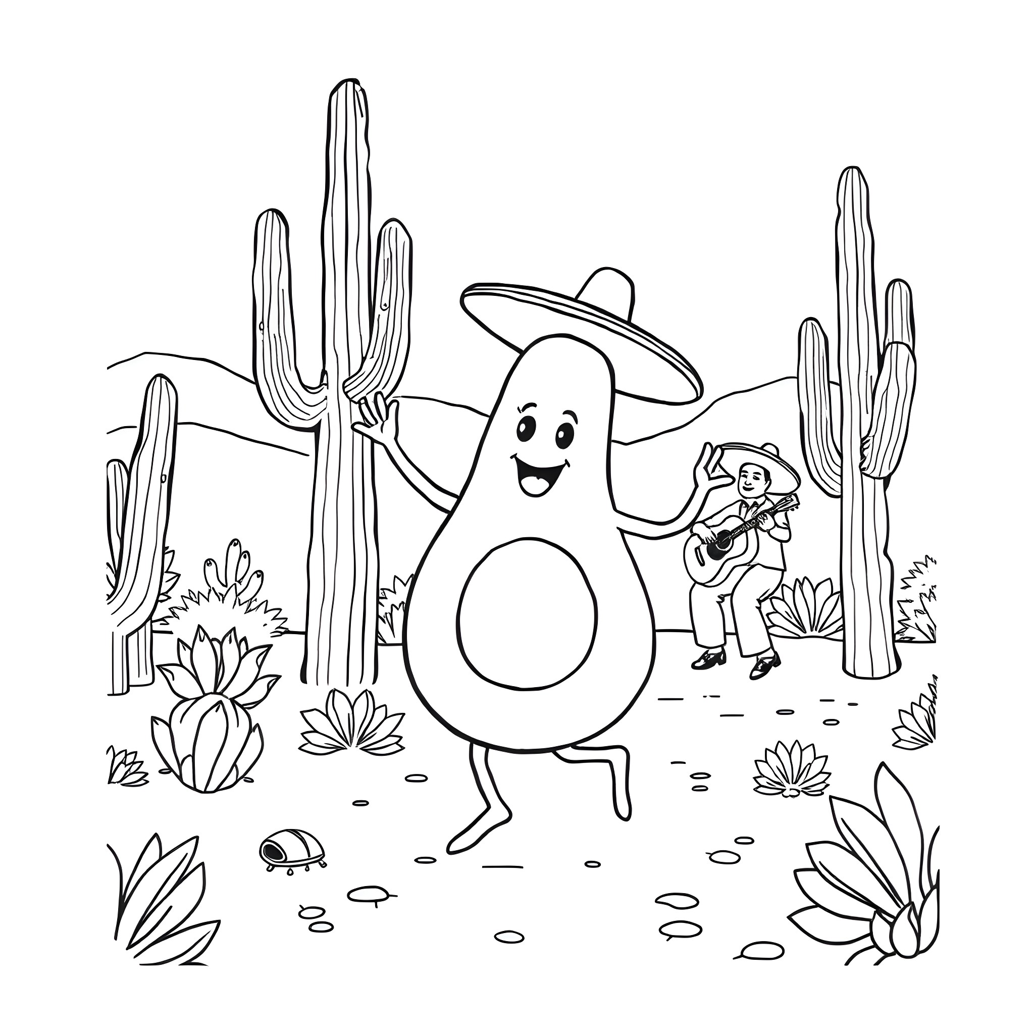 Avocado dancing happily in the desert with cactus Coloring Page (free black-and-white line drawing printable PDF for all, from beginners to advanced learners, including children, teens, adults, and seniors)