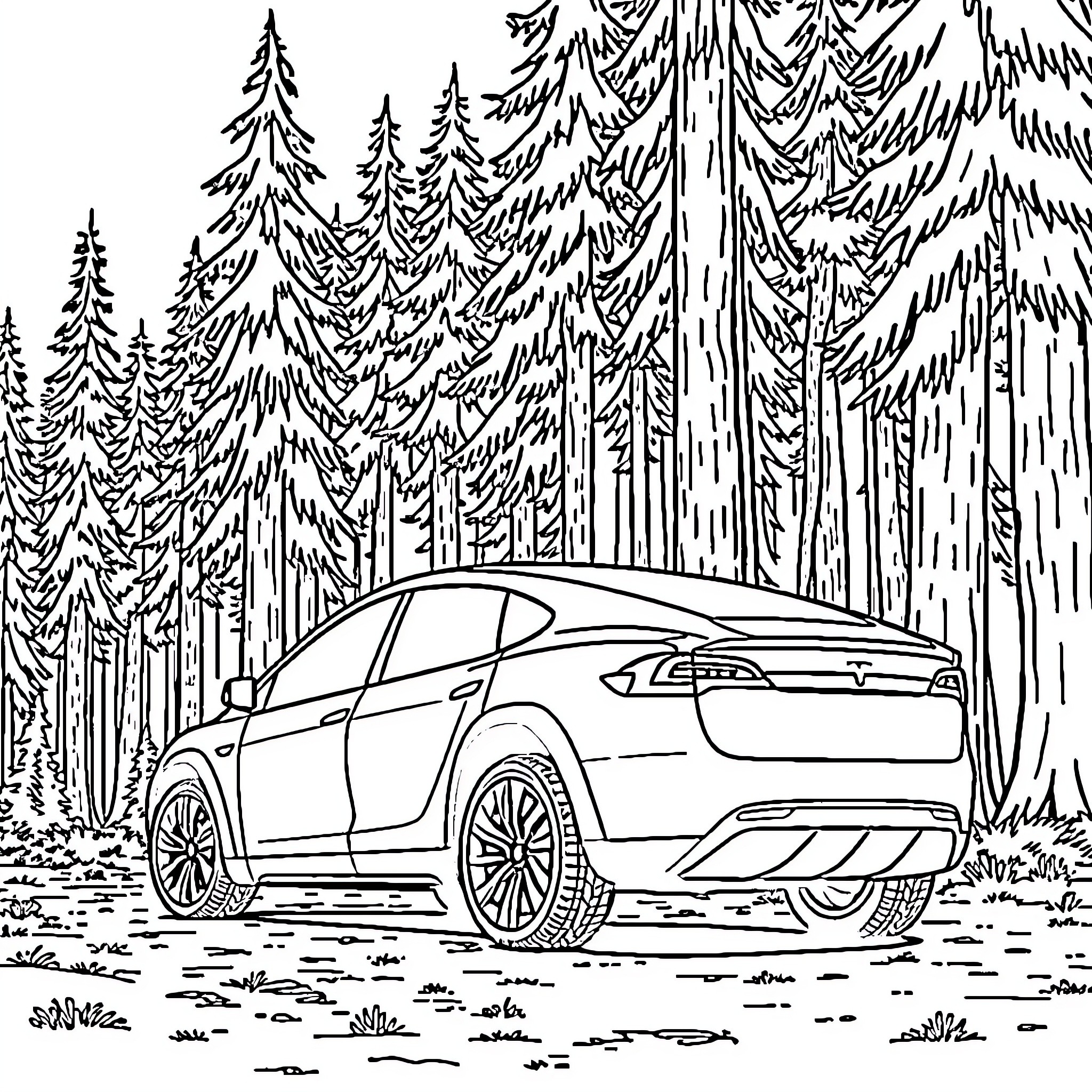 Tesla electric vehicle driving through the forest Coloring Page (free black-and-white line drawing printable PDF for all, from beginners to advanced learners, including children, teens, adults, and seniors)
