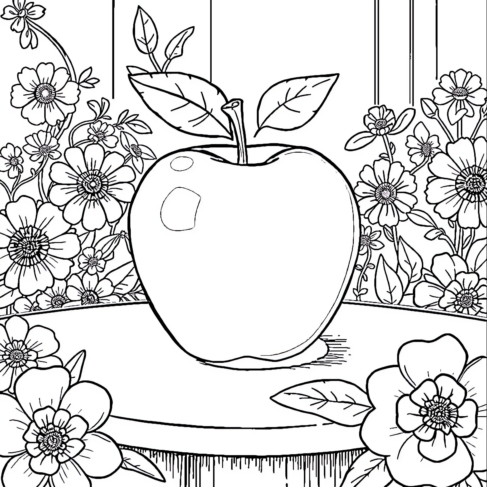 Apple surrounded by floral patterns Coloring Page (free black-and-white line drawing printable PDF for all, from beginners to advanced learners, including children, teens, adults, and seniors)