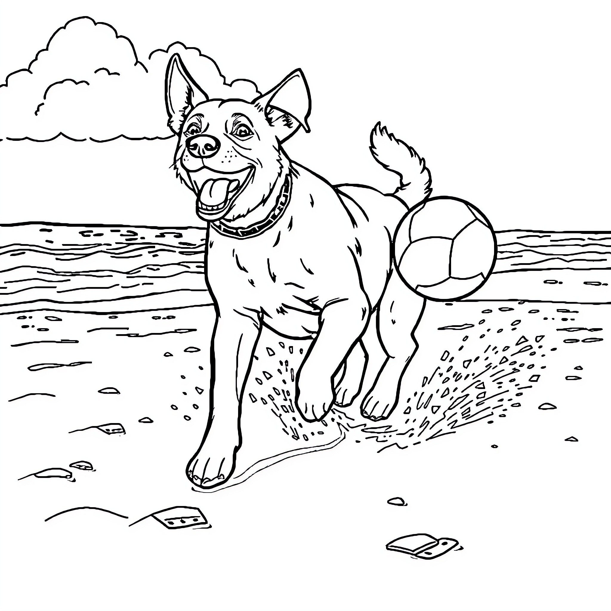 Dog playing with ball on the beach Coloring Page (free black-and-white line drawing printable PDF for all, from beginners to advanced learners, including children, teens, adults, and seniors)