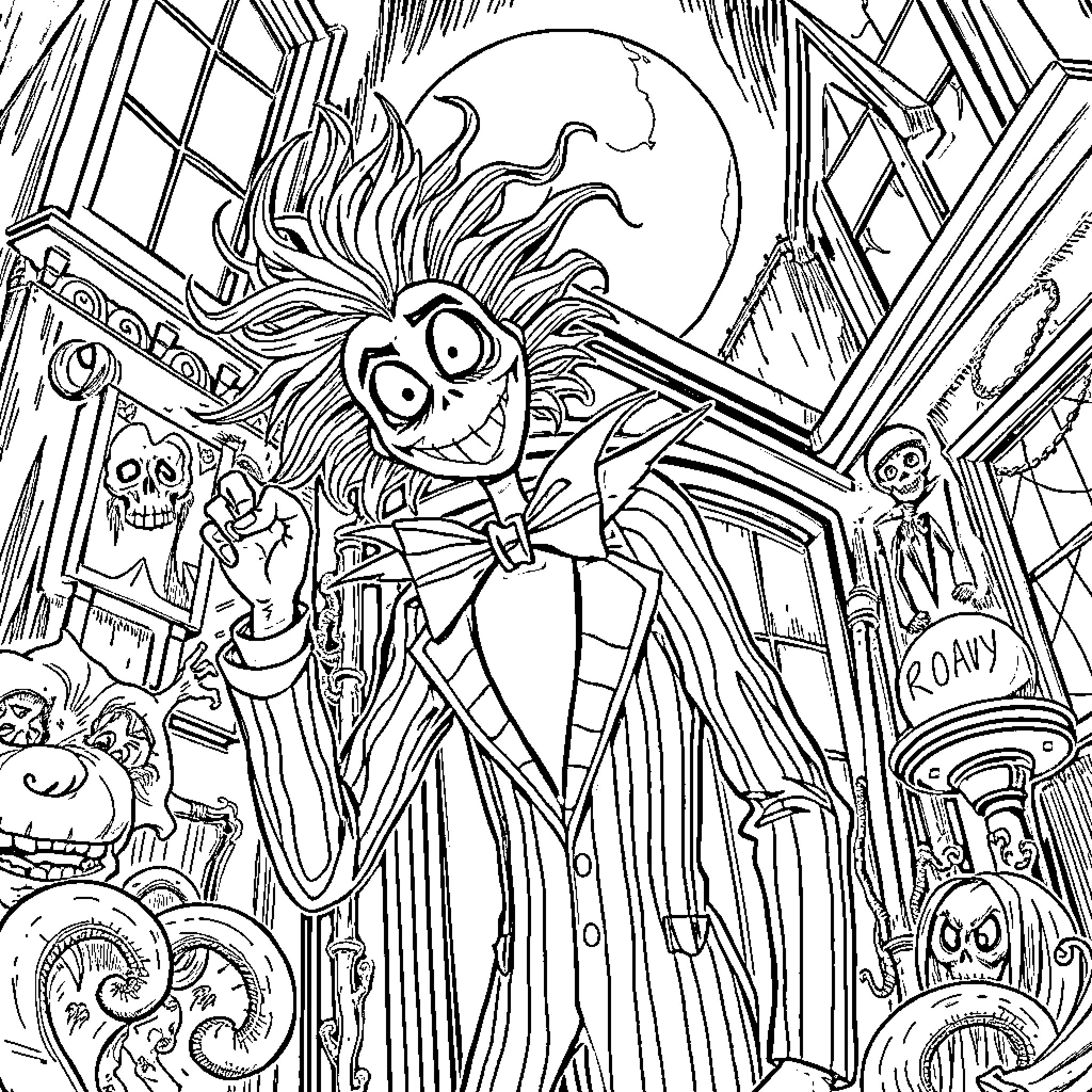 Beetlejuice's Spooky Antics in the Haunted House Coloring Page (free black-and-white line drawing printable PDF for all, from beginners to advanced learners, including children, teens, adults, and seniors)