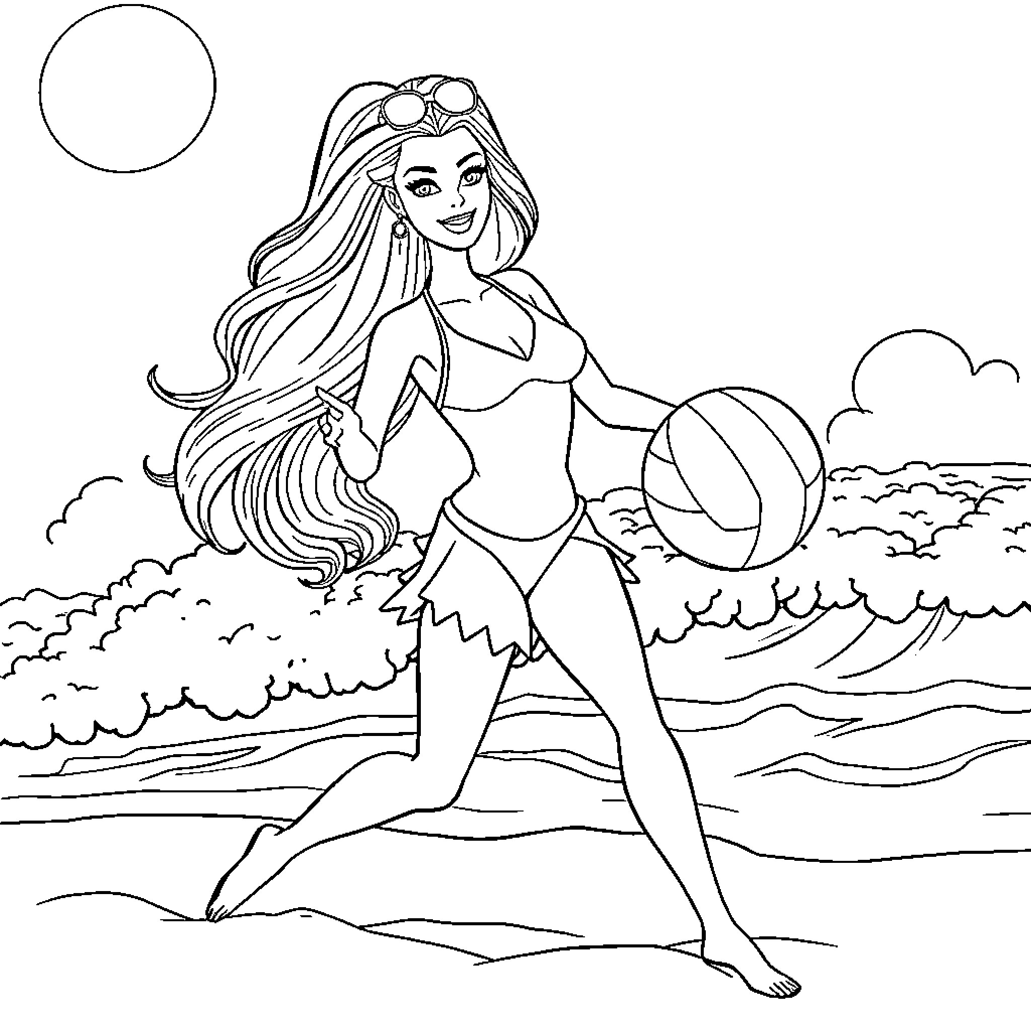 Barbie enjoying a day at the beach Coloring Page (free black-and-white line drawing printable PDF for all, from beginners to advanced learners, including children, teens, adults, and seniors)