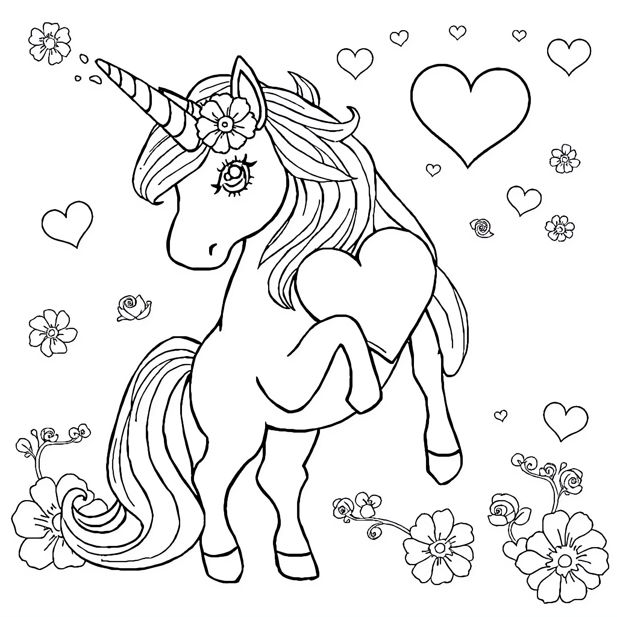 Unicorn dancing amidst flowers and hearts Coloring Page (free black-and-white line drawing printable PDF for all, from beginners to advanced learners, including children, teens, adults, and seniors)