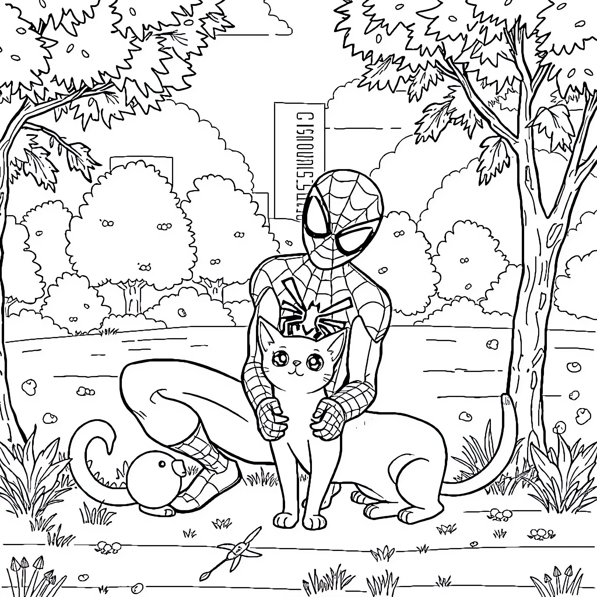 Spiderman helping cute animals in the park Coloring Page (free black-and-white line drawing printable PDF for all, from beginners to advanced learners, including children, teens, adults, and seniors)