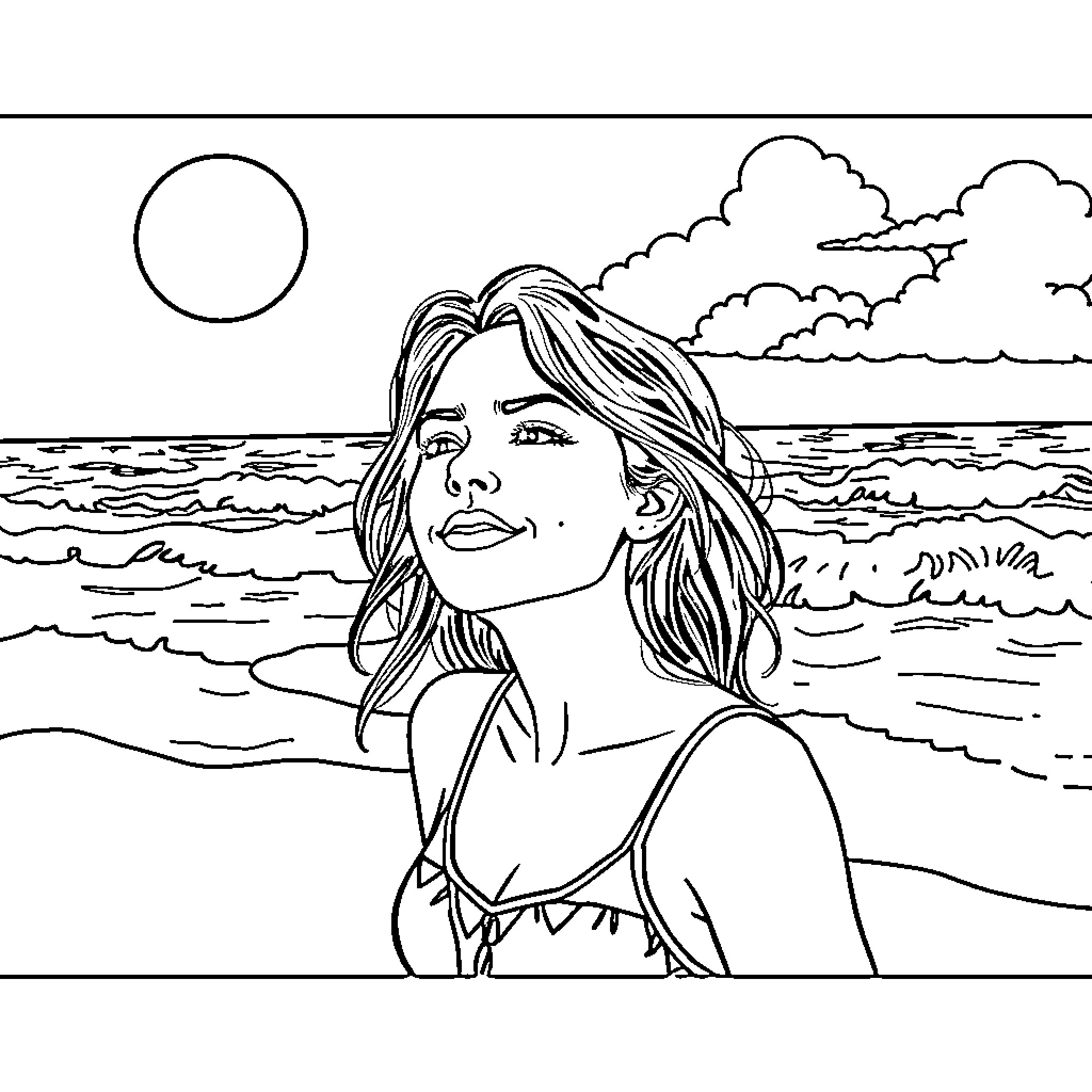 Babe relaxing on the beach with the sun Coloring Page (free black-and-white line drawing printable PDF for all, from beginners to advanced learners, including children, teens, adults, and seniors)