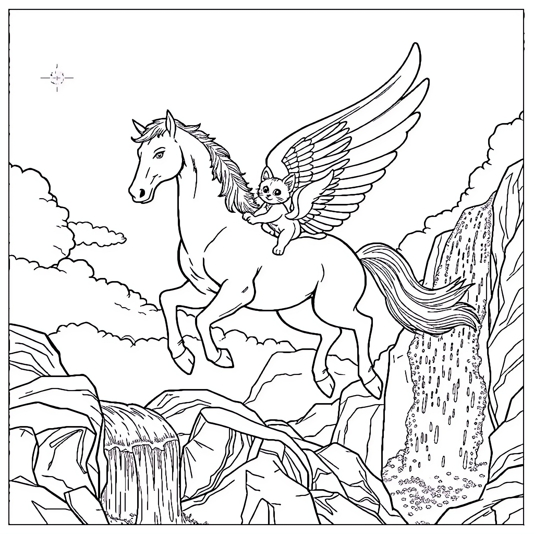 Pegasus and winged creature soaring over rocky landscape Coloring Page (free black-and-white line drawing printable PDF for all, from beginners to advanced learners, including children, teens, adults, and seniors)