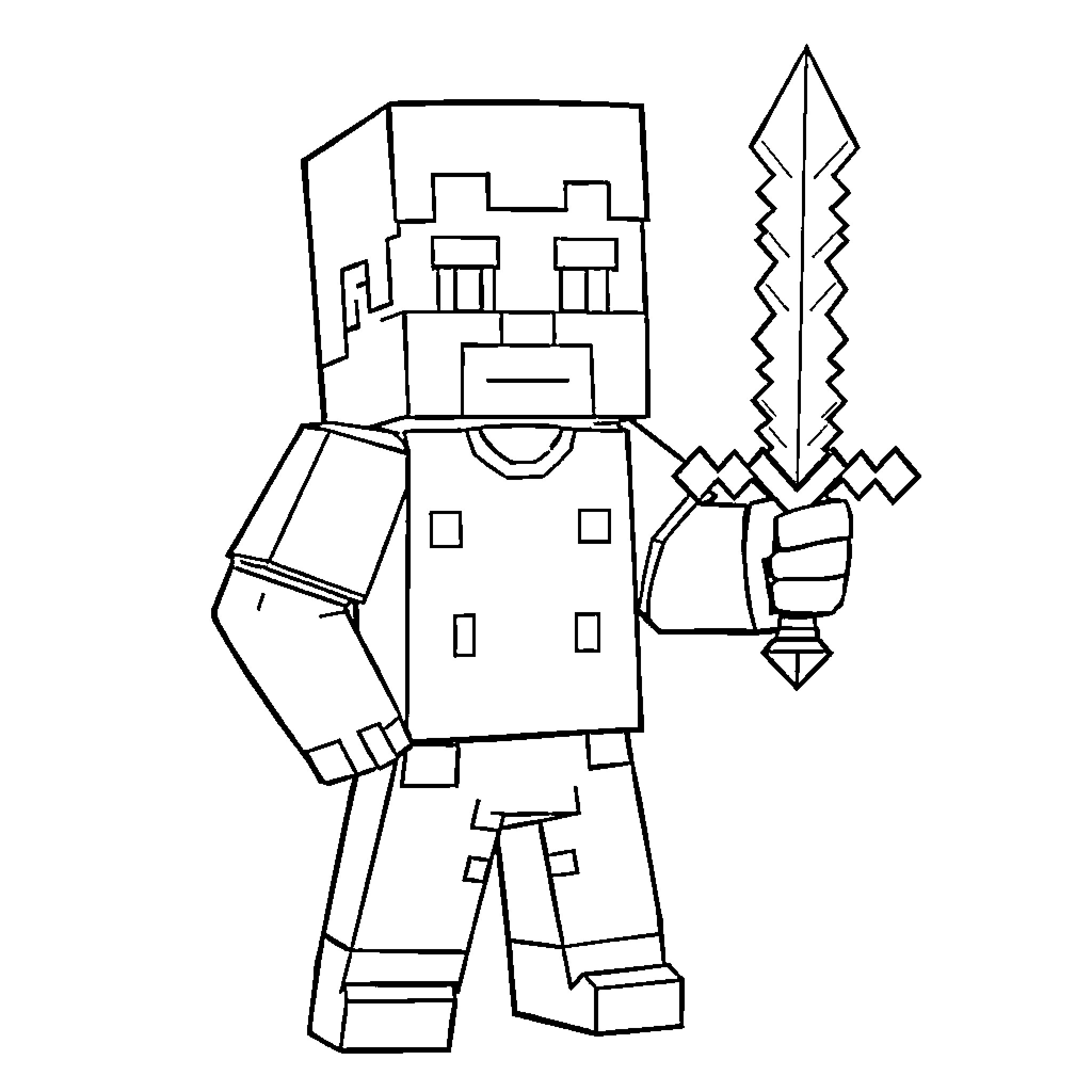 Steve the Brave Warrior Wielding a Powerful Sword Coloring Page (free black-and-white line drawing printable PDF for all, from beginners to advanced learners, including children, teens, adults, and seniors)