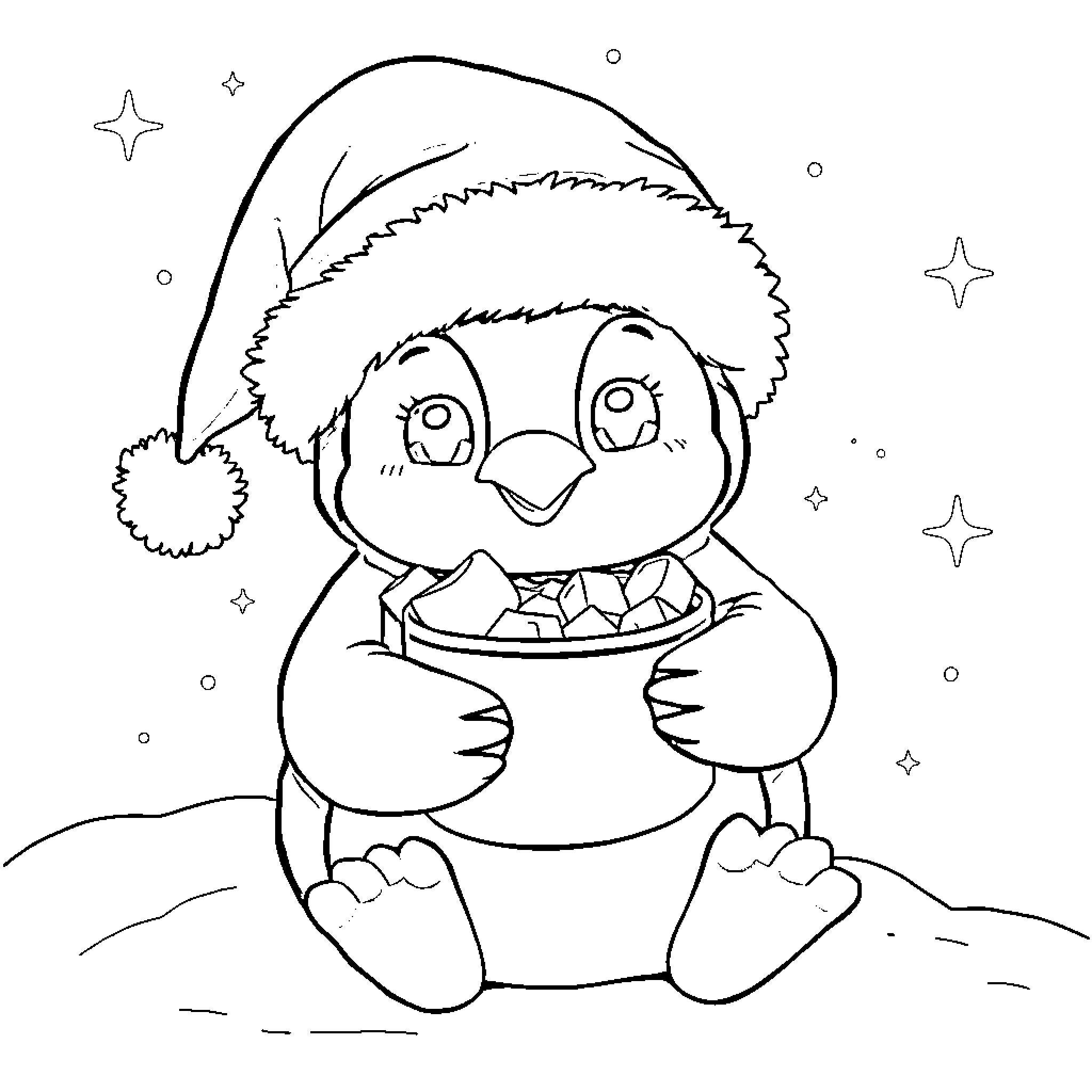 Penguin wearing festive hat and holding a gift Coloring Page (free black-and-white line drawing printable PDF for all, from beginners to advanced learners, including children, teens, adults, and seniors)