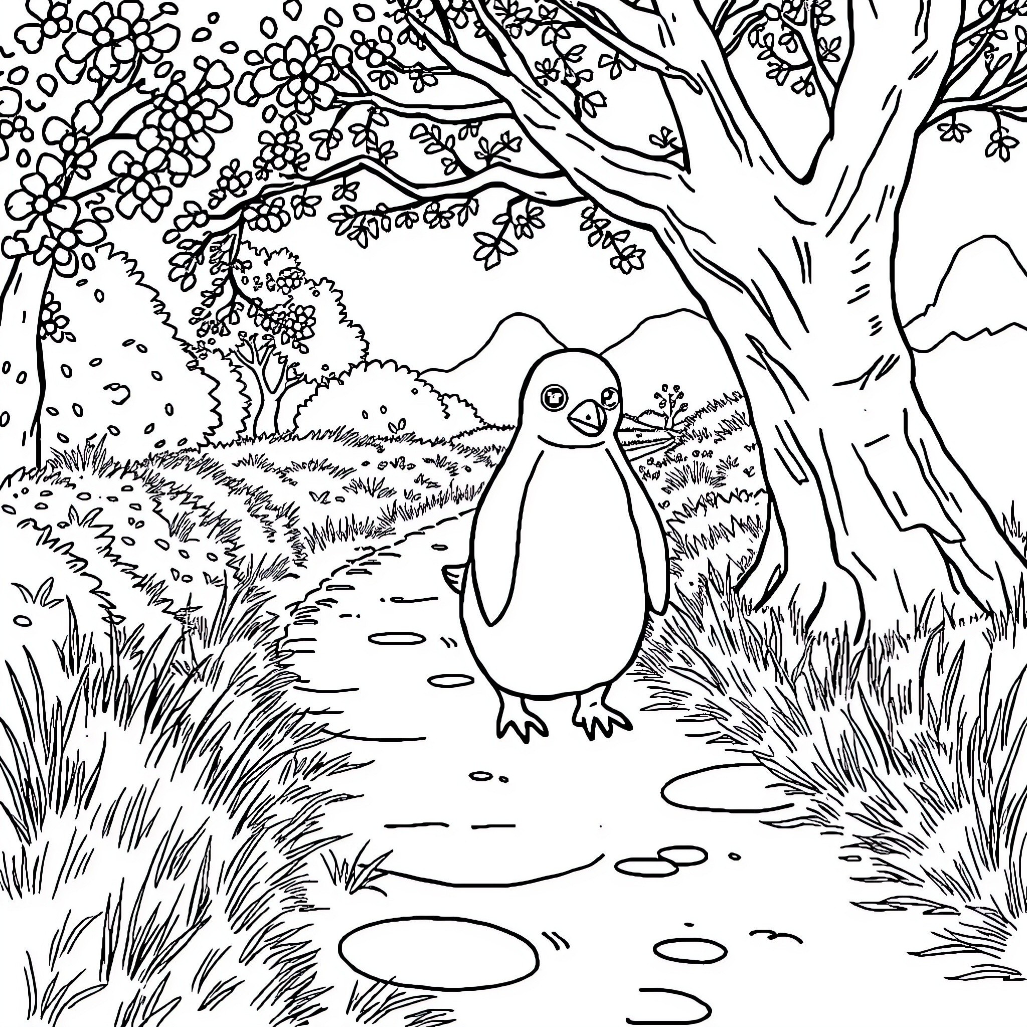 Enutrof Penguin exploring a vibrant woodland scene Coloring Page (free black-and-white line drawing printable PDF for all, from beginners to advanced learners, including children, teens, adults, and seniors)