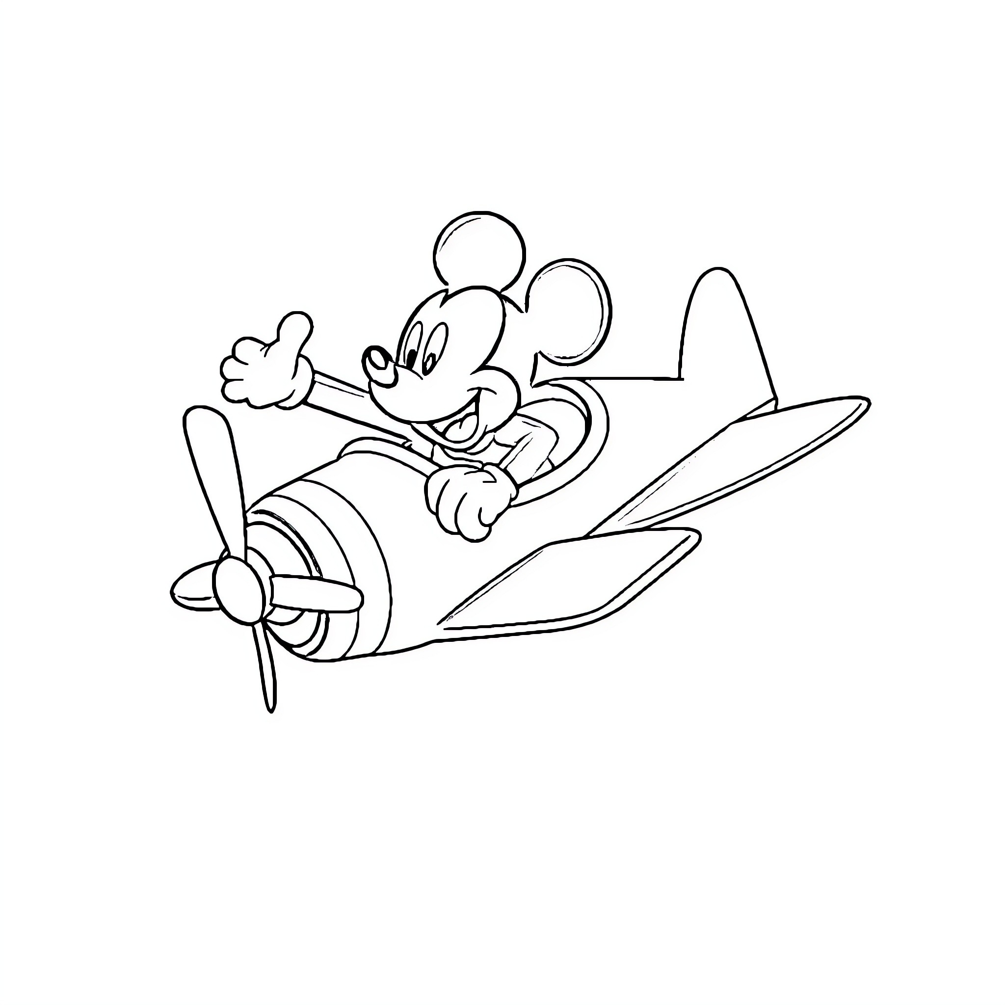 Mickey Mouse flying in an airplane Coloring Page (free black-and-white line drawing printable PDF for all, from beginners to advanced learners, including children, teens, adults, and seniors)