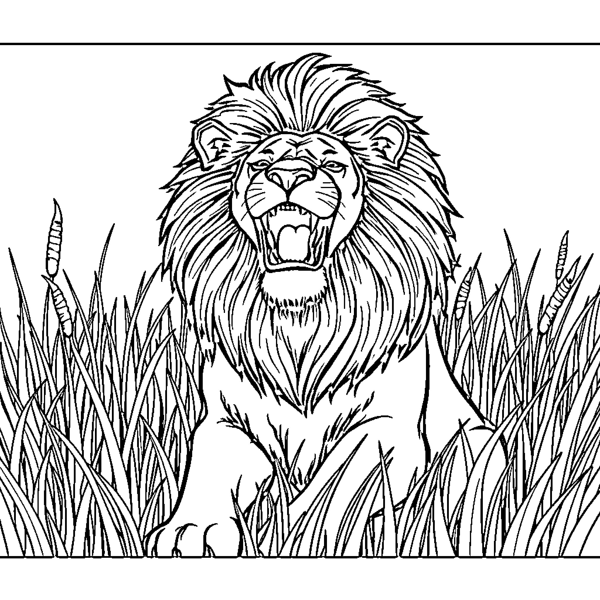 Lion roaring fiercely in the tall grass Coloring Page (free black-and-white line drawing printable PDF for all, from beginners to advanced learners, including children, teens, adults, and seniors)