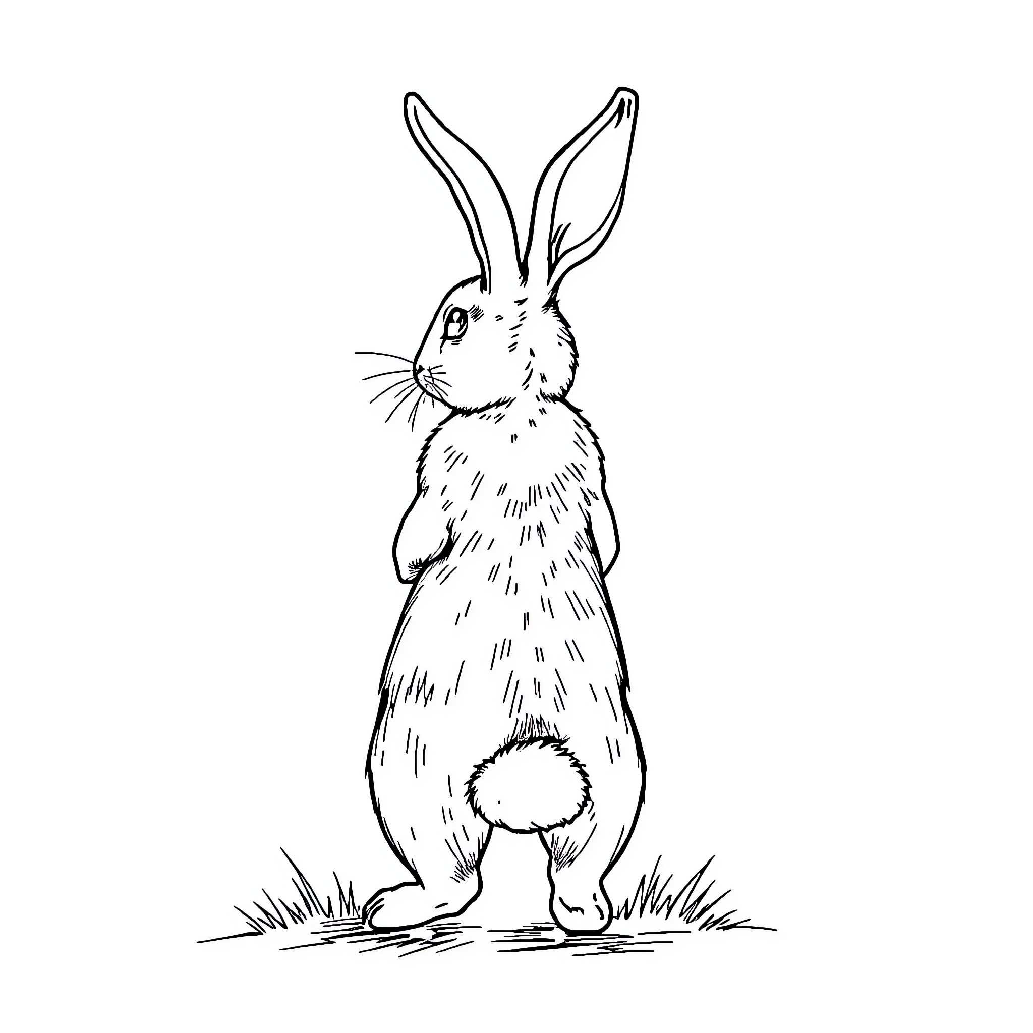 Rabbit standing alert in the field Coloring Page (free black-and-white line drawing printable PDF for all, from beginners to advanced learners, including children, teens, adults, and seniors)