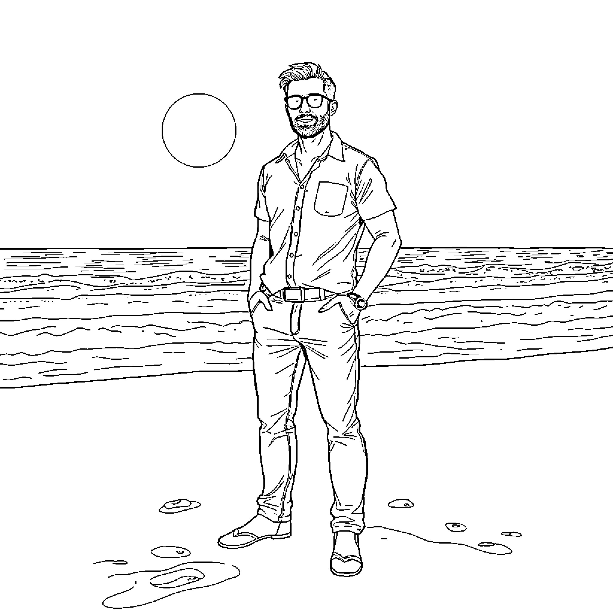 Chris Evans Relaxing on the Beach Coloring Page (free black-and-white line drawing printable PDF for all, from beginners to advanced learners, including children, teens, adults, and seniors)