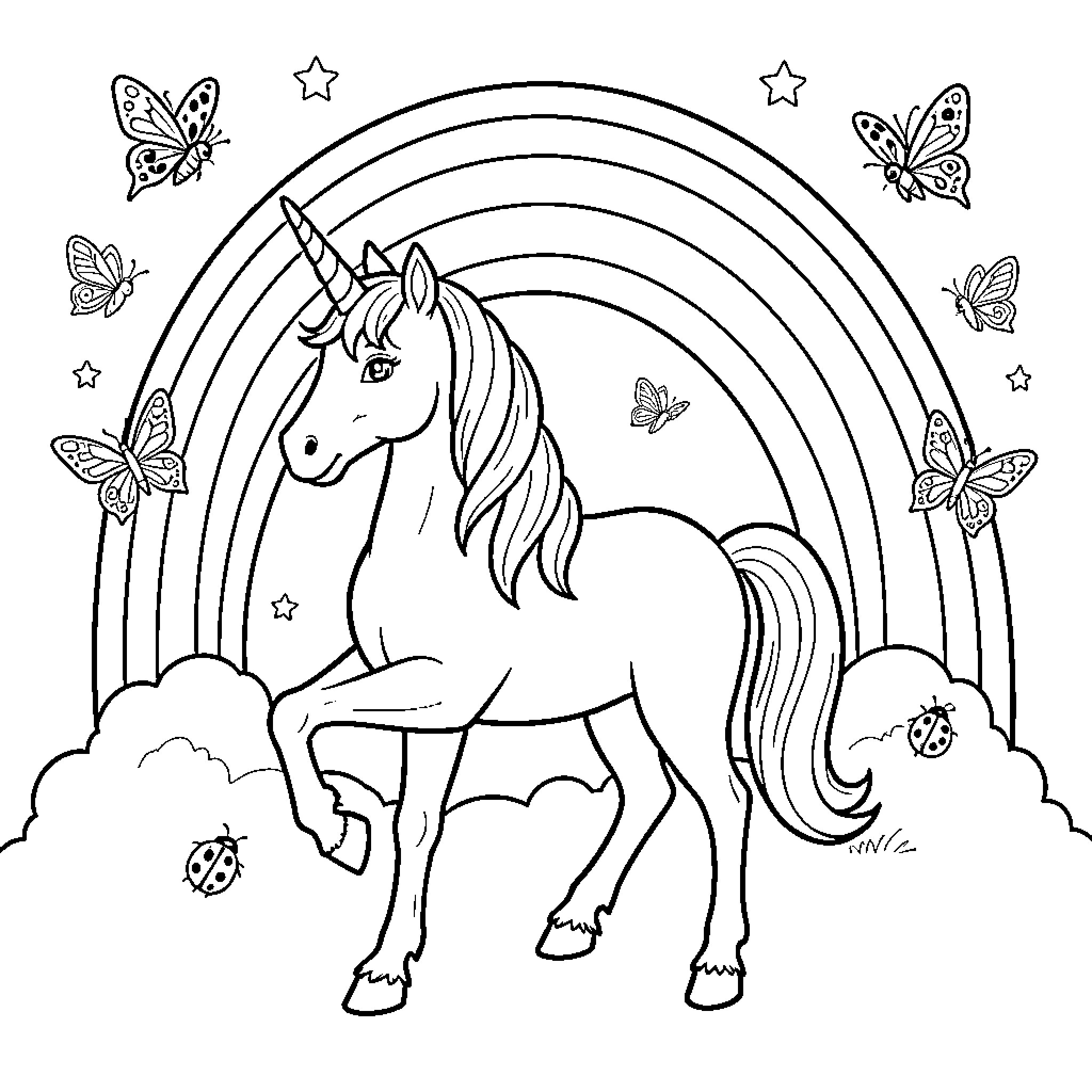 Unicorn standing gracefully under a rainbow with butterflies Coloring Page (free black-and-white line drawing printable PDF for all, from beginners to advanced learners, including children, teens, adults, and seniors)