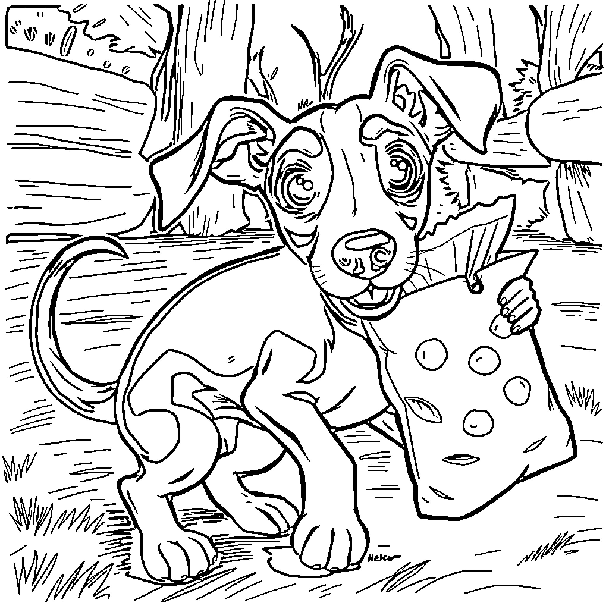 Whippet playing joyfully with spotted toy in nature Coloring Page (free black-and-white line drawing printable PDF for all, from beginners to advanced learners, including children, teens, adults, and seniors)