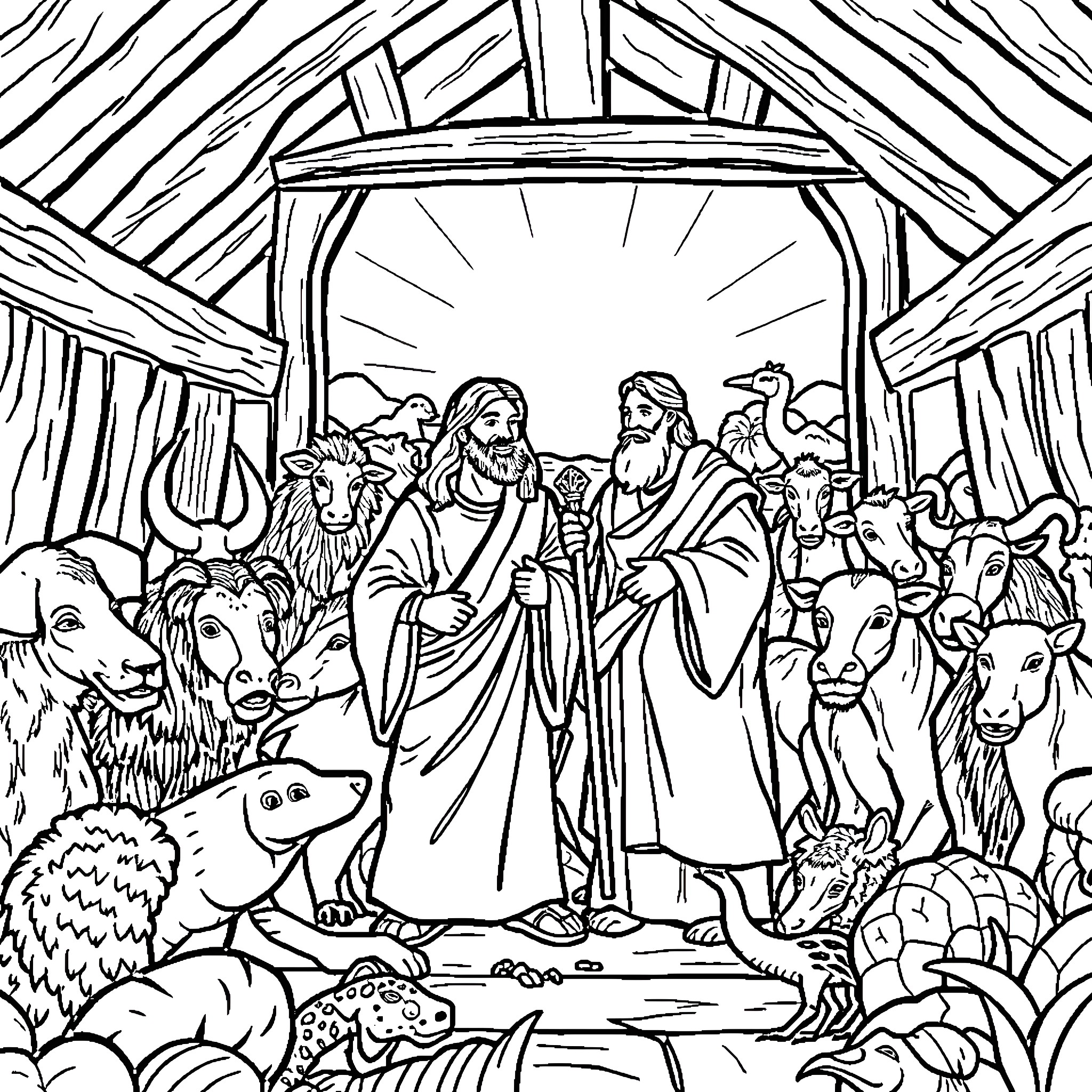 Jesus and Moses Surrounded by Animals in a Barn Coloring Page (free black-and-white line drawing printable PDF for all, from beginners to advanced learners, including children, teens, adults, and seniors)