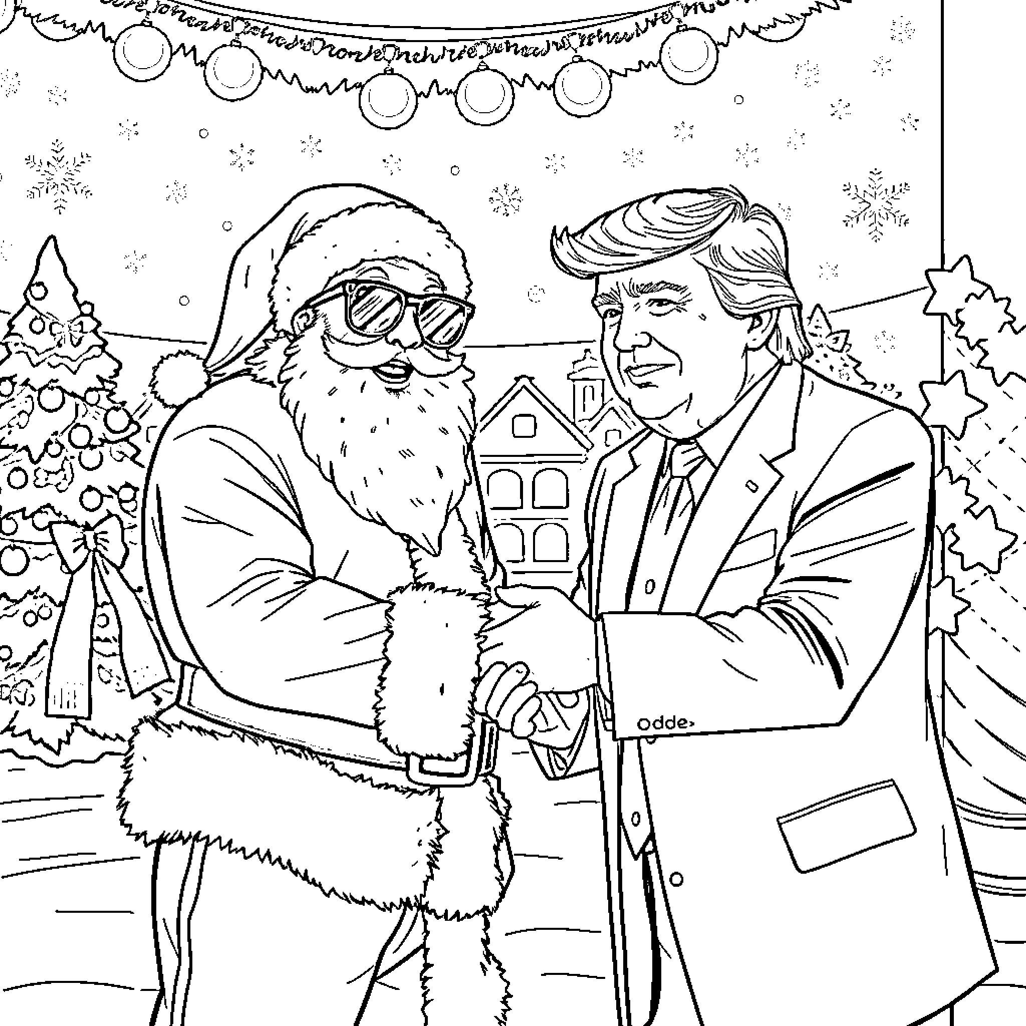 Santa shaking hands with man in suit outdoors Coloring Page (free black-and-white line drawing printable PDF for all, from beginners to advanced learners, including children, teens, adults, and seniors)