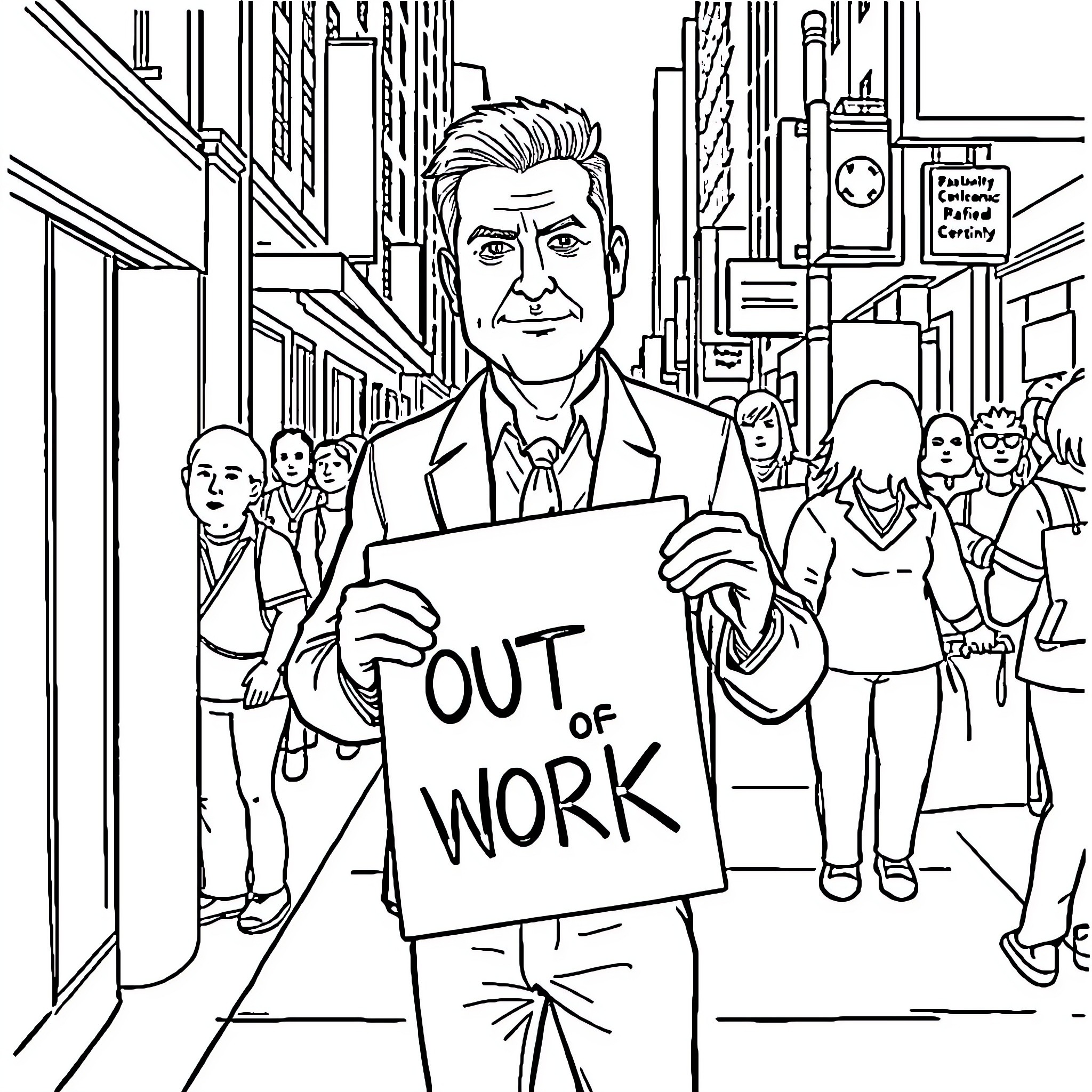 Jimmy Kimmel out of work in the city Coloring Page (free black-and-white line drawing printable PDF for all, from beginners to advanced learners, including children, teens, adults, and seniors)