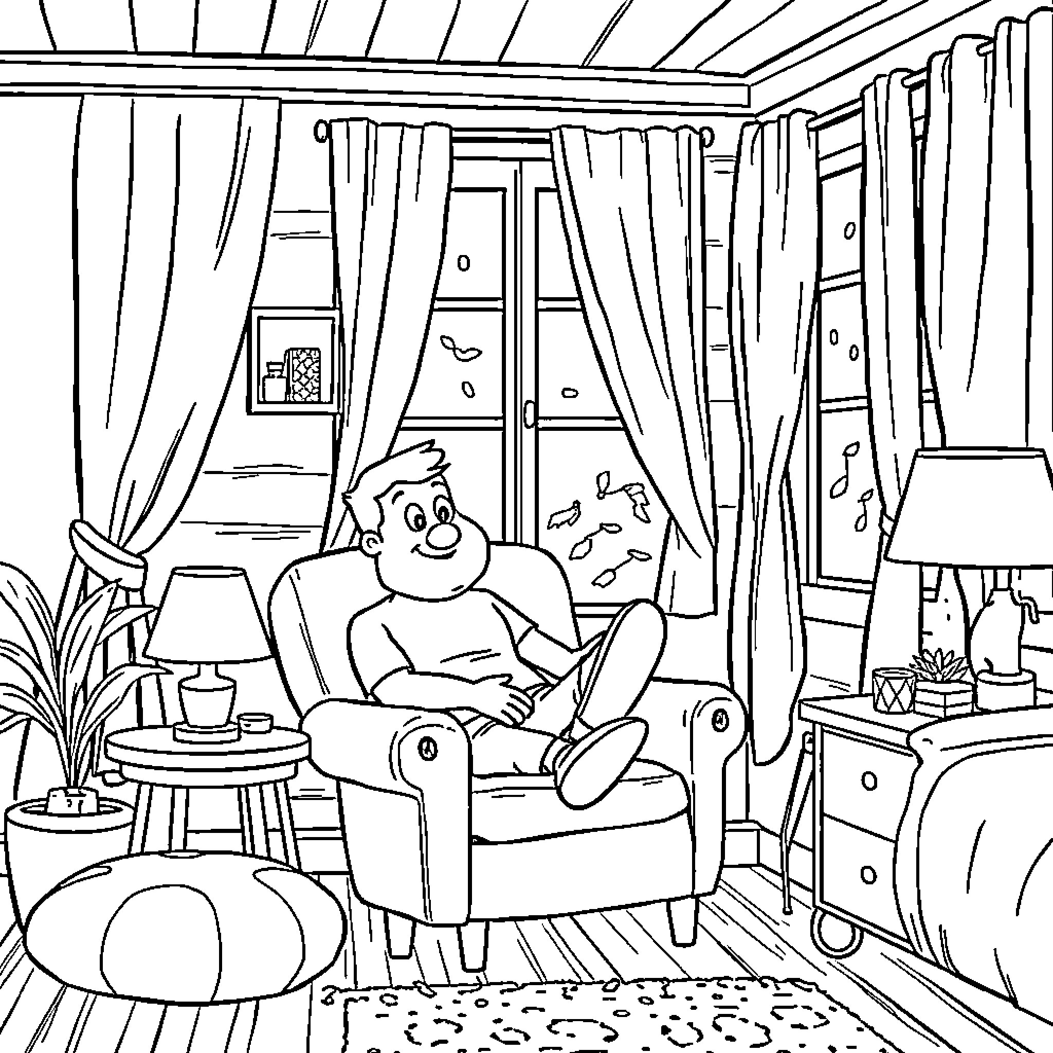 Capybara relaxing comfortably in a cozy living room Coloring Page (free black-and-white line drawing printable PDF for all, from beginners to advanced learners, including children, teens, adults, and seniors)
