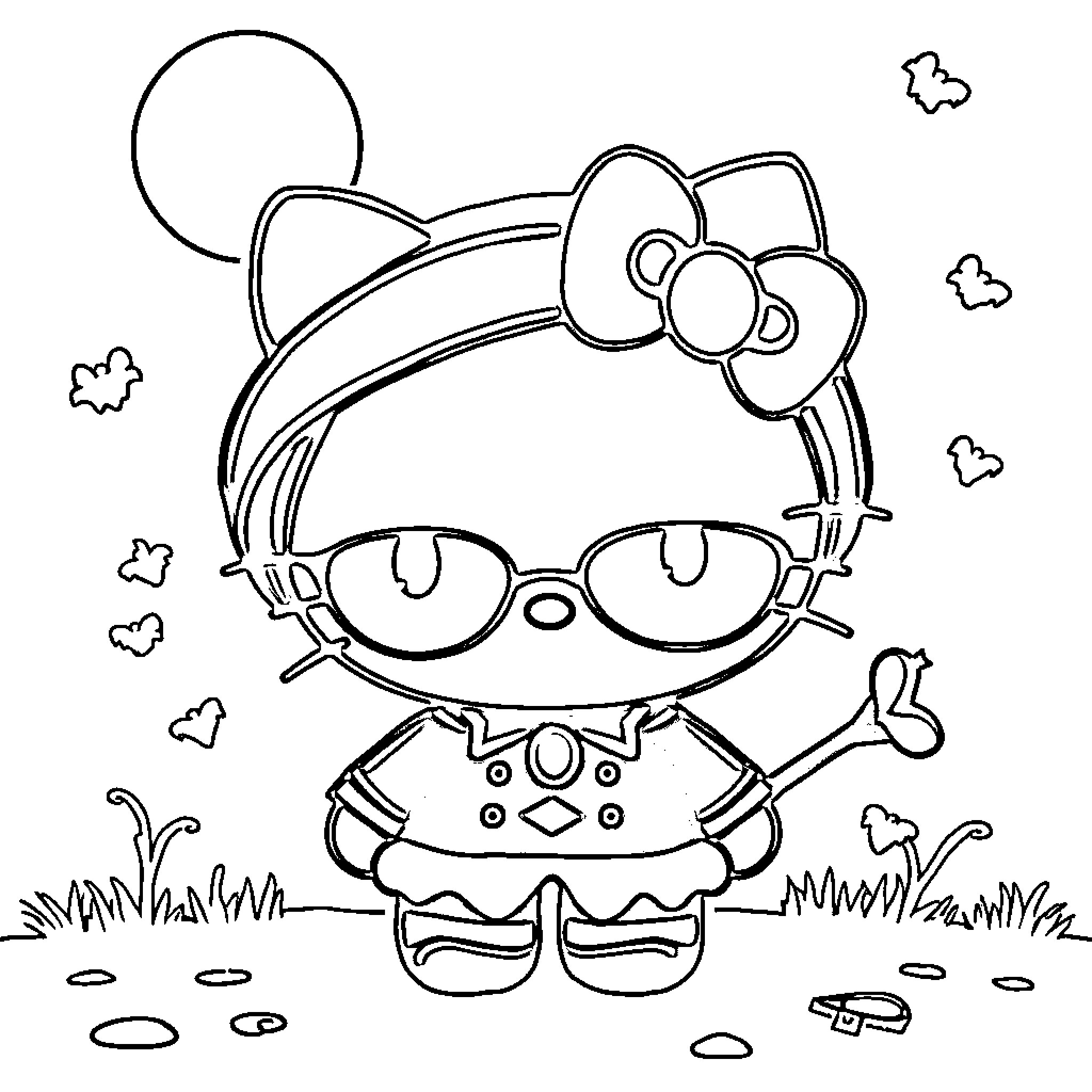 Hello Kitty exploring the outdoors Coloring Page (free black-and-white line drawing printable PDF for all, from beginners to advanced learners, including children, teens, adults, and seniors)