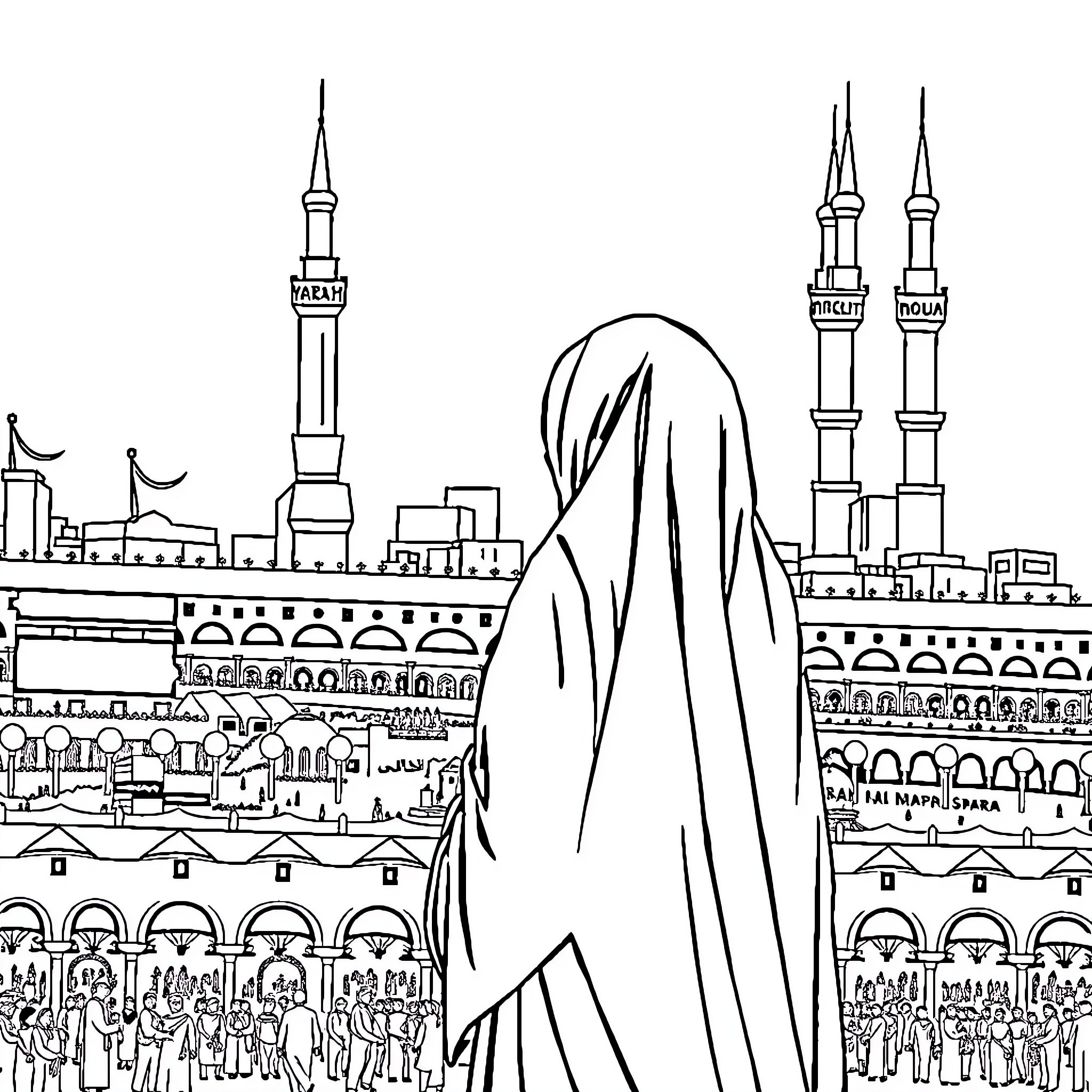 Hijabi woman in a crowded urban Islamic city Coloring Page (free black-and-white line drawing printable PDF for all, from beginners to advanced learners, including children, teens, adults, and seniors)