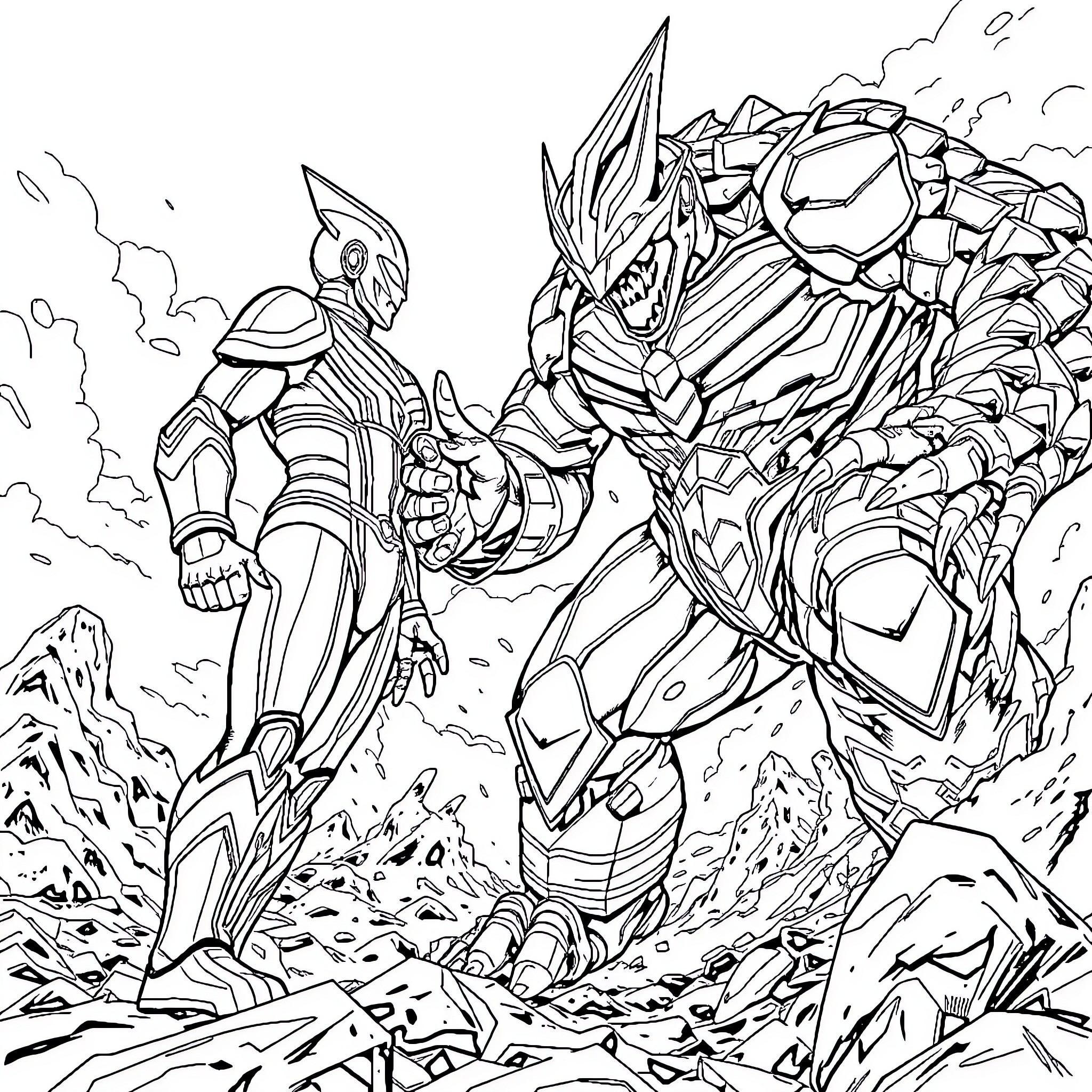 Ultraman battling a fierce monster in a rocky landscape Coloring Page (free black-and-white line drawing printable PDF for all, from beginners to advanced learners, including children, teens, adults, and seniors)