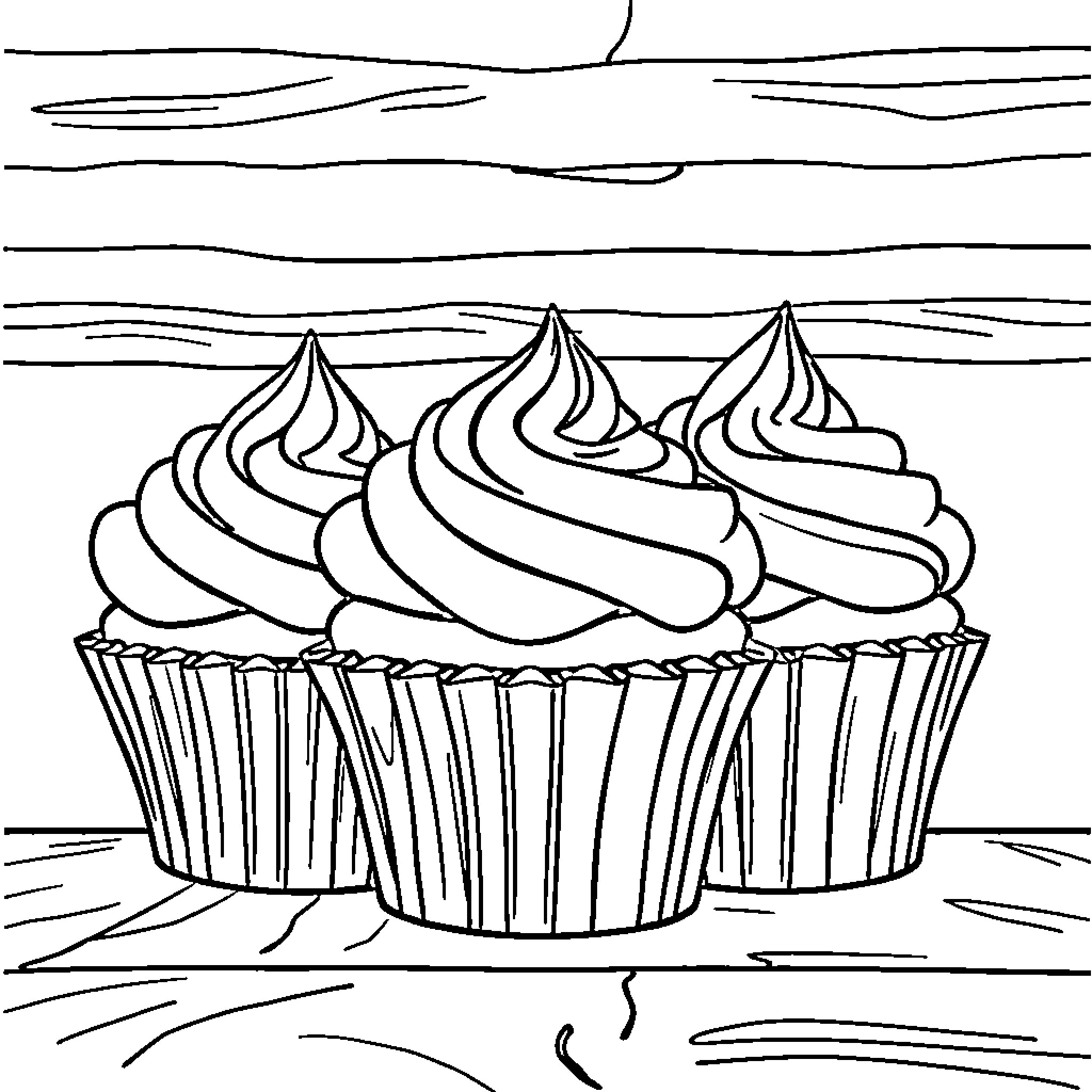 Cupcake Delight on Wooden Backdrop Coloring Page (free black-and-white line drawing printable PDF for all, from beginners to advanced learners, including children, teens, adults, and seniors)