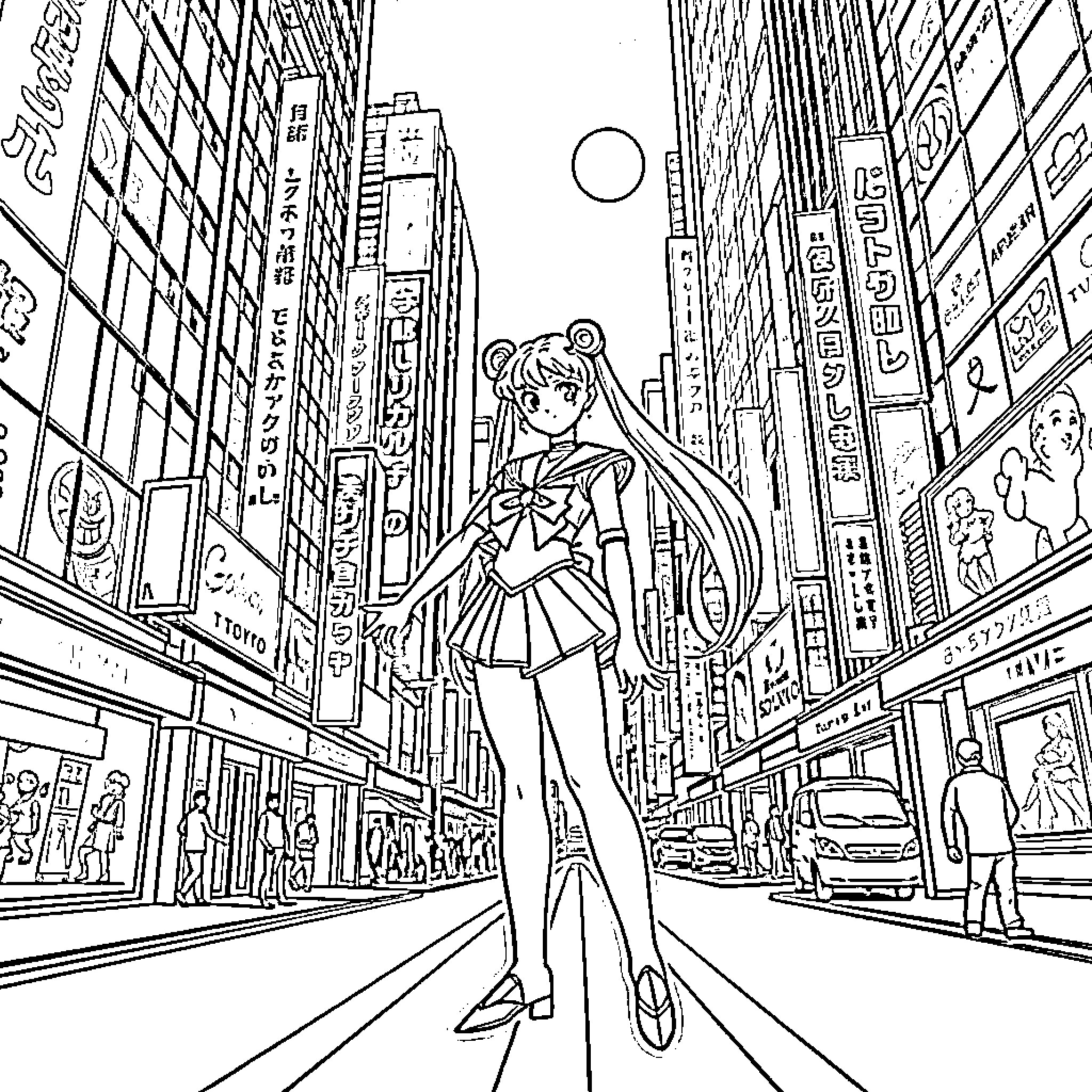 Sailormoon exploring a vibrant urban landscape Coloring Page (free black-and-white line drawing printable PDF for all, from beginners to advanced learners, including children, teens, adults, and seniors)