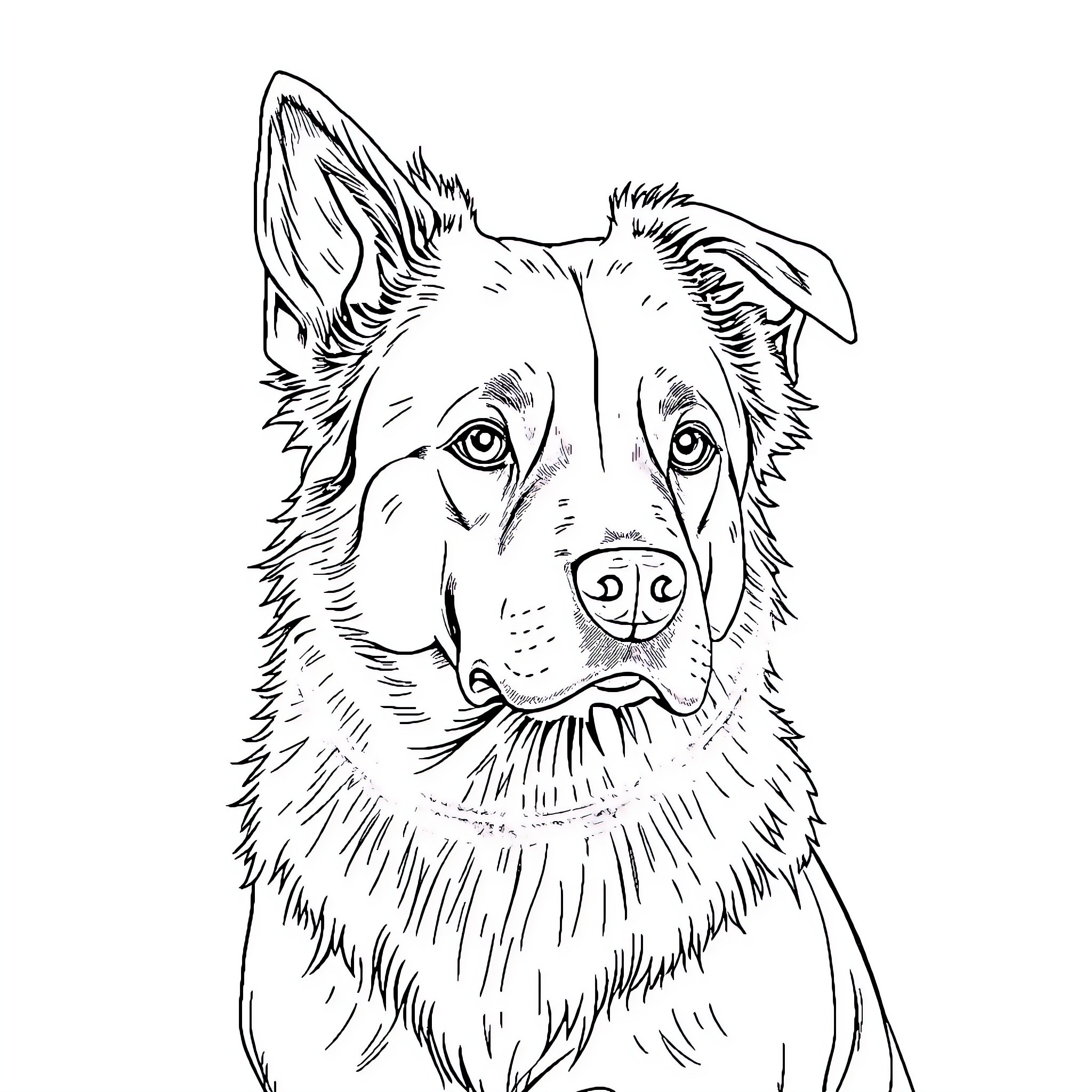 Hund with Attentive Expression Coloring Page (free black-and-white line drawing printable PDF for all, from beginners to advanced learners, including children, teens, adults, and seniors)