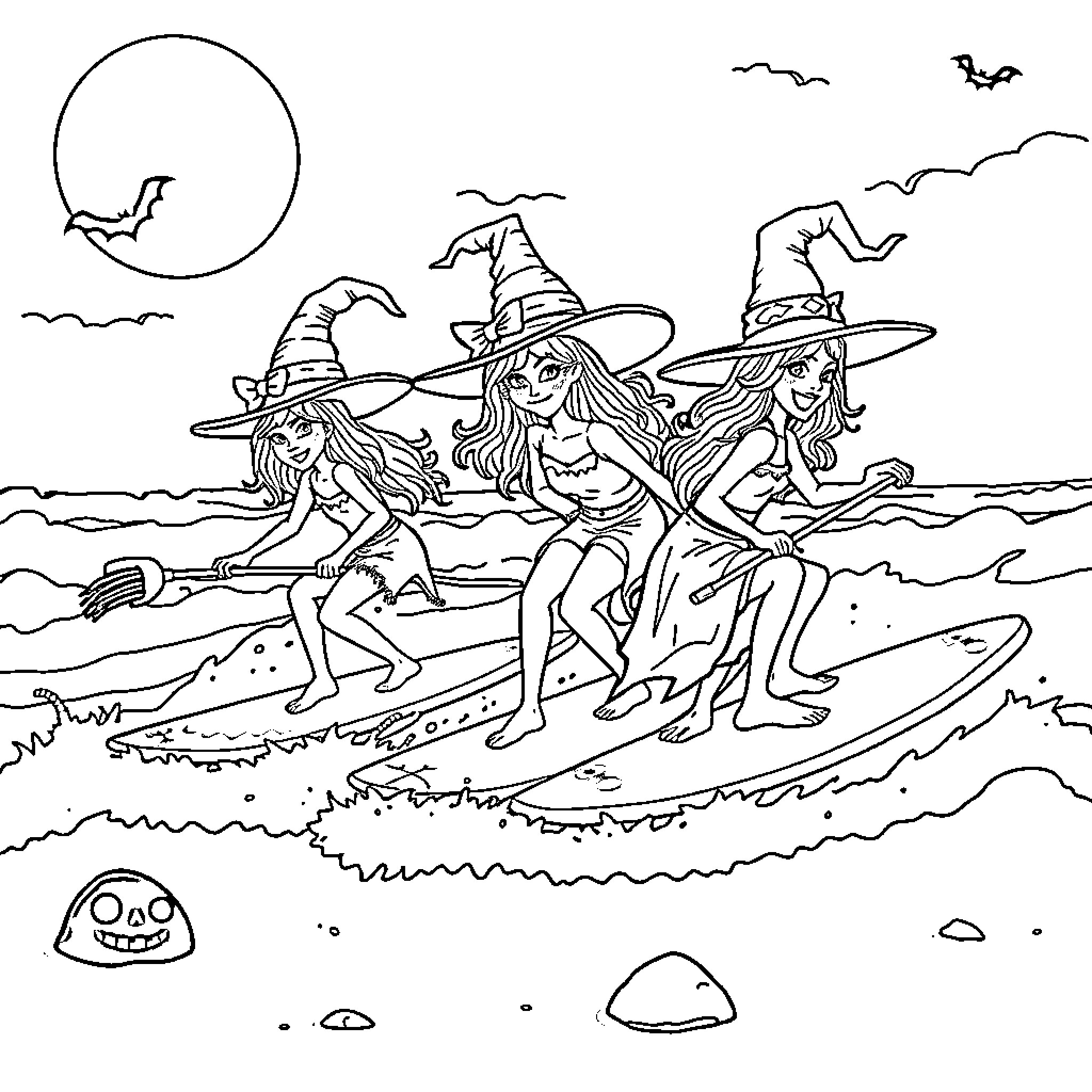 Witches Riding Surfboards on the Beach Coloring Page (free black-and-white line drawing printable PDF for all, from beginners to advanced learners, including children, teens, adults, and seniors)