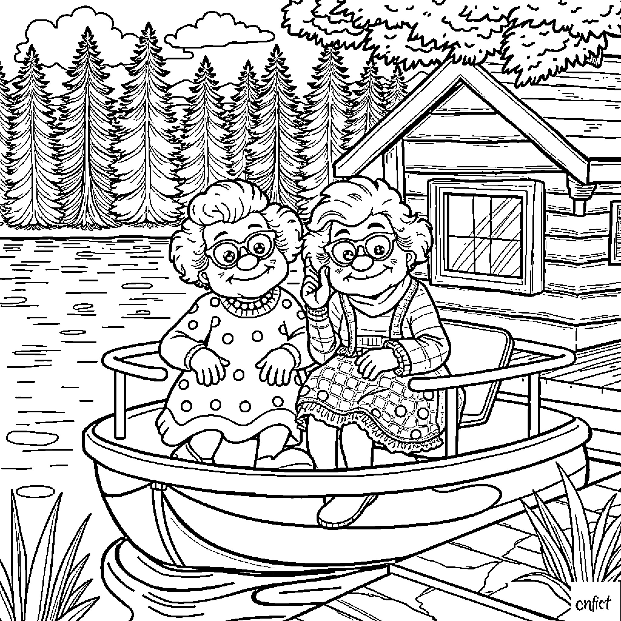 Bluey and Bingo relaxing in a boat by the lake Coloring Page (free black-and-white line drawing printable PDF for all, from beginners to advanced learners, including children, teens, adults, and seniors)