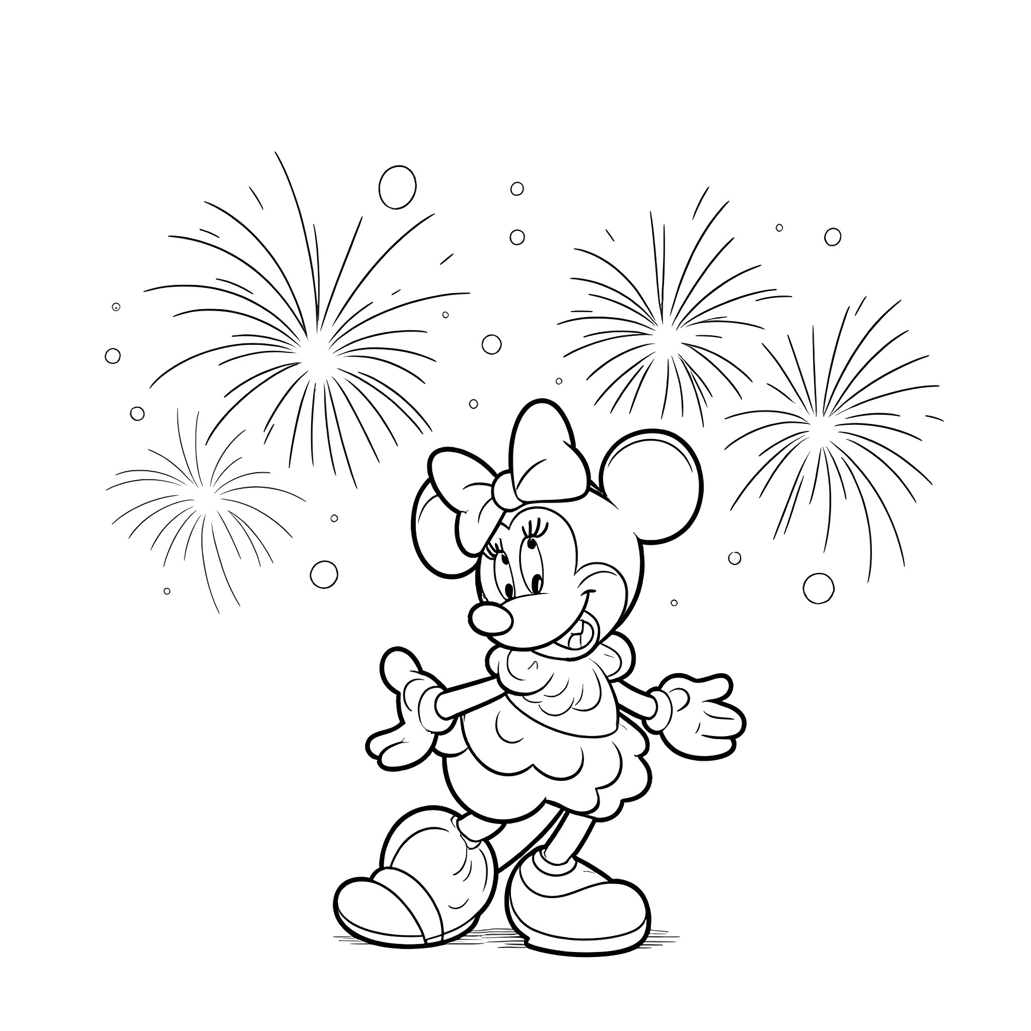 Minnie Mouse celebrating with fireworks Coloring Page (free black-and-white line drawing printable PDF for all, from beginners to advanced learners, including children, teens, adults, and seniors)