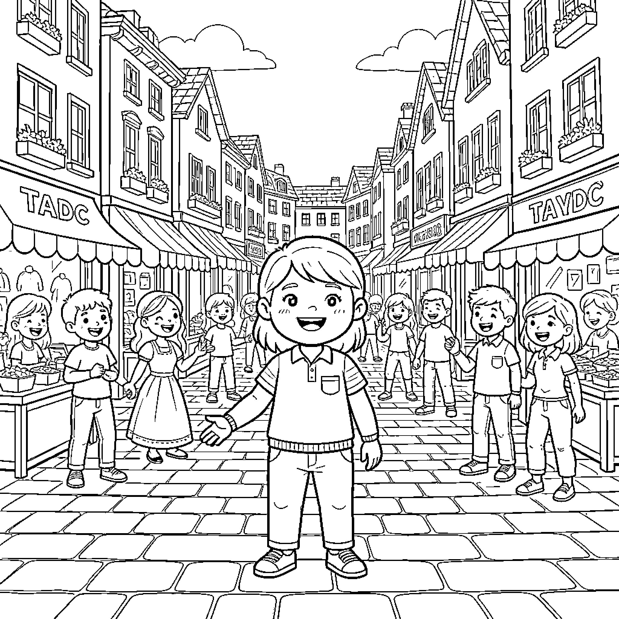 Tadc Characters Exploring Vibrant Town Coloring Page (free black-and-white line drawing printable PDF for all, from beginners to advanced learners, including children, teens, adults, and seniors)