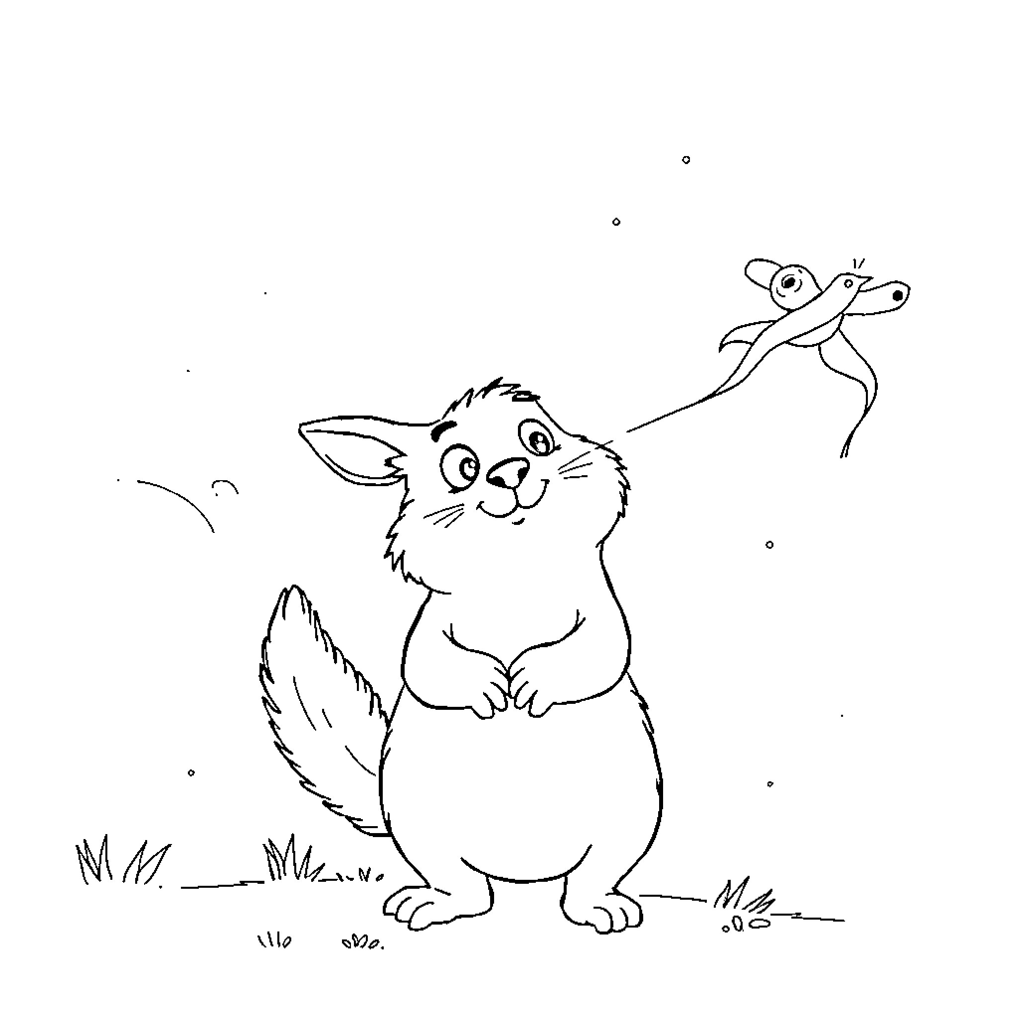 GIF of rabbit playing with flying insects Coloring Page (free black-and-white line drawing printable PDF for all, from beginners to advanced learners, including children, teens, adults, and seniors)