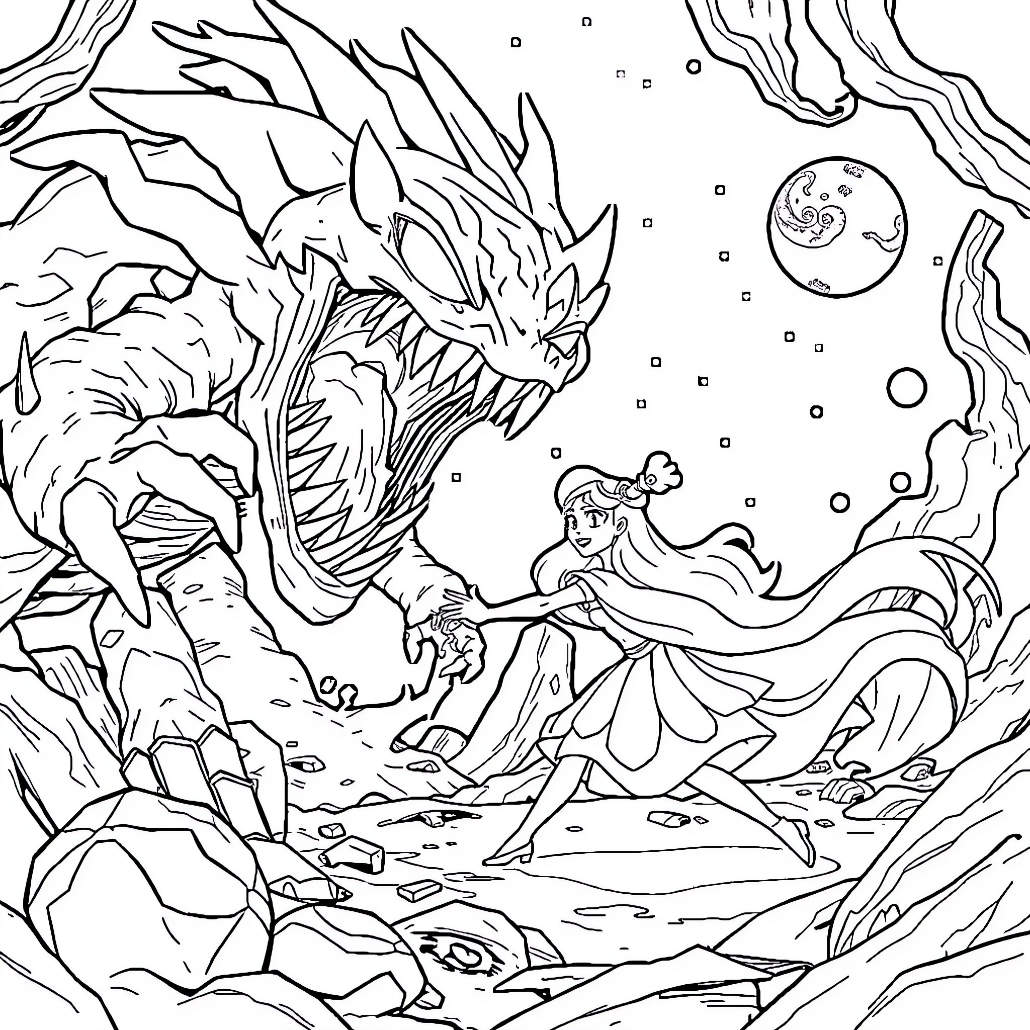 Princess Confronting Fearsome Dragon in Enchanted Realm Coloring Page (free black-and-white line drawing printable PDF for all, from beginners to advanced learners, including children, teens, adults, and seniors)