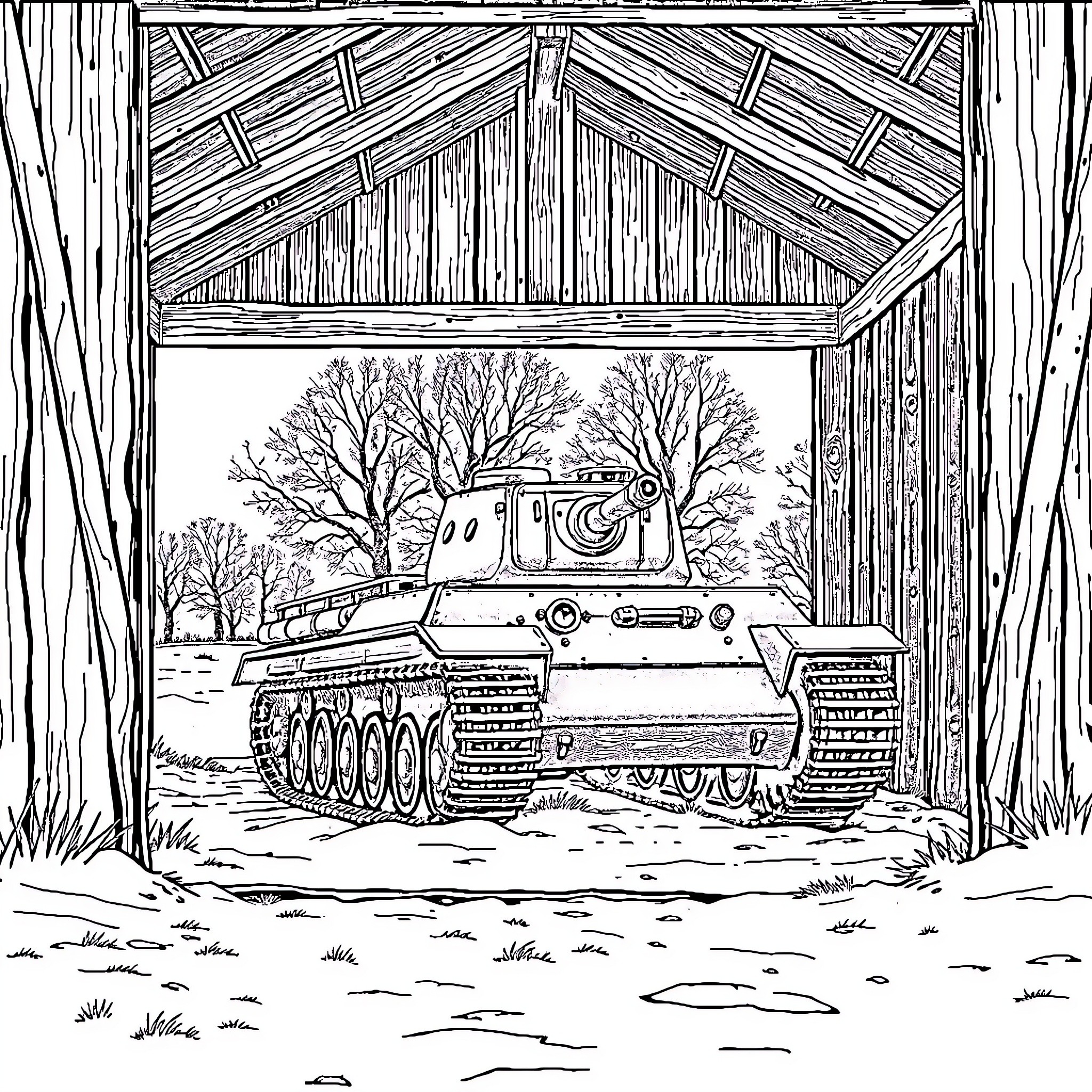 Tank parked in a rustic barn with bare trees Coloring Page (free black-and-white line drawing printable PDF for all, from beginners to advanced learners, including children, teens, adults, and seniors)