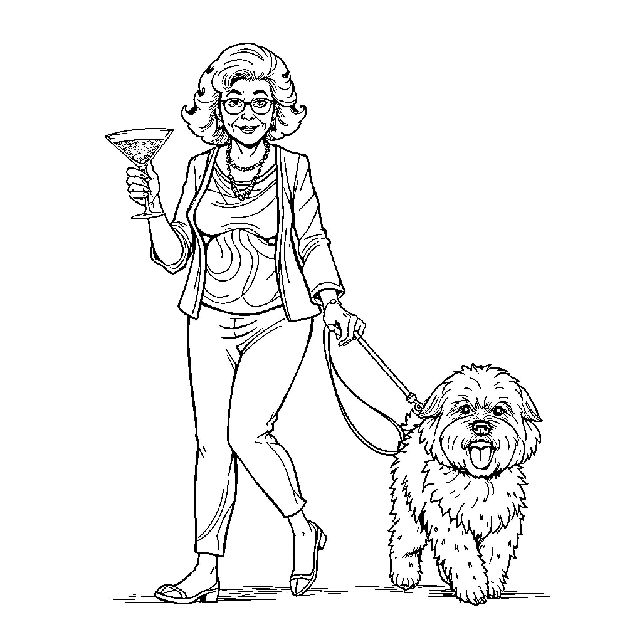 Woman walking with her pet dog and holding a drink Coloring Page (free black-and-white line drawing printable PDF for all, from beginners to advanced learners, including children, teens, adults, and seniors)