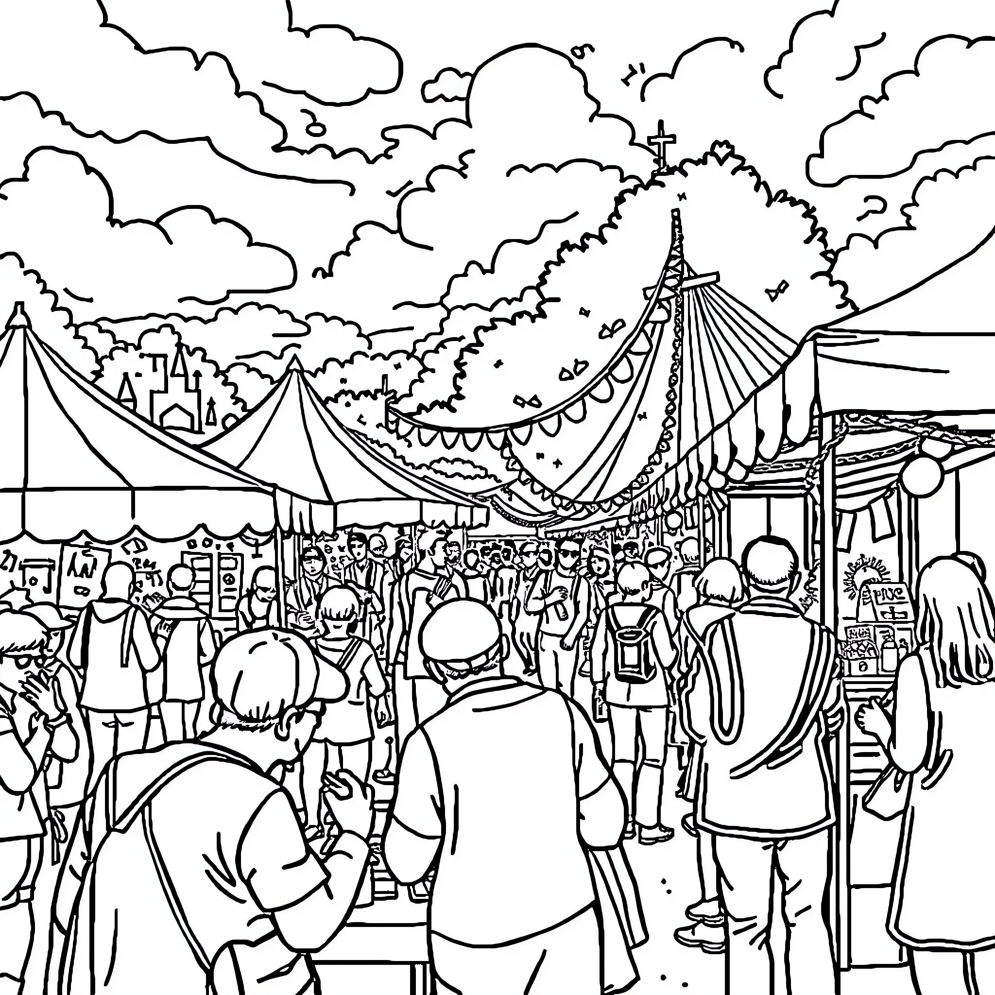 Festival with bustling crowds and festive decorations Coloring Page (free black-and-white line drawing printable PDF for all, from beginners to advanced learners, including children, teens, adults, and seniors)