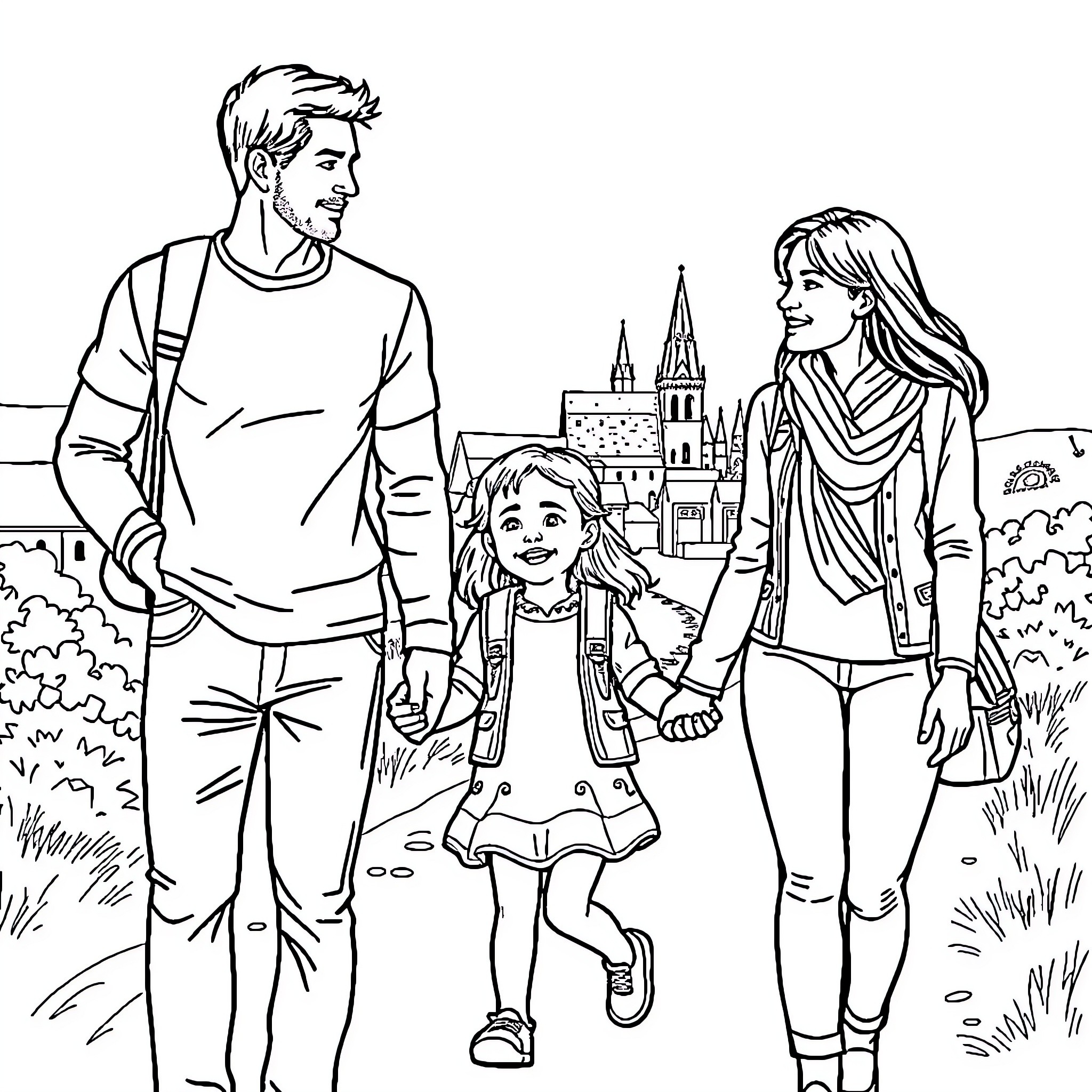 Family Outing in the City Coloring Page (free black-and-white line drawing printable PDF for all, from beginners to advanced learners, including children, teens, adults, and seniors)